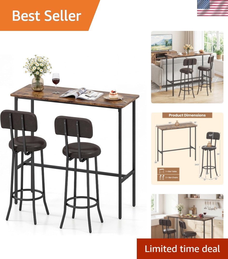 3-Piece Industrial Bar Table Set, Counter Height Rectangular Dining Table wit...