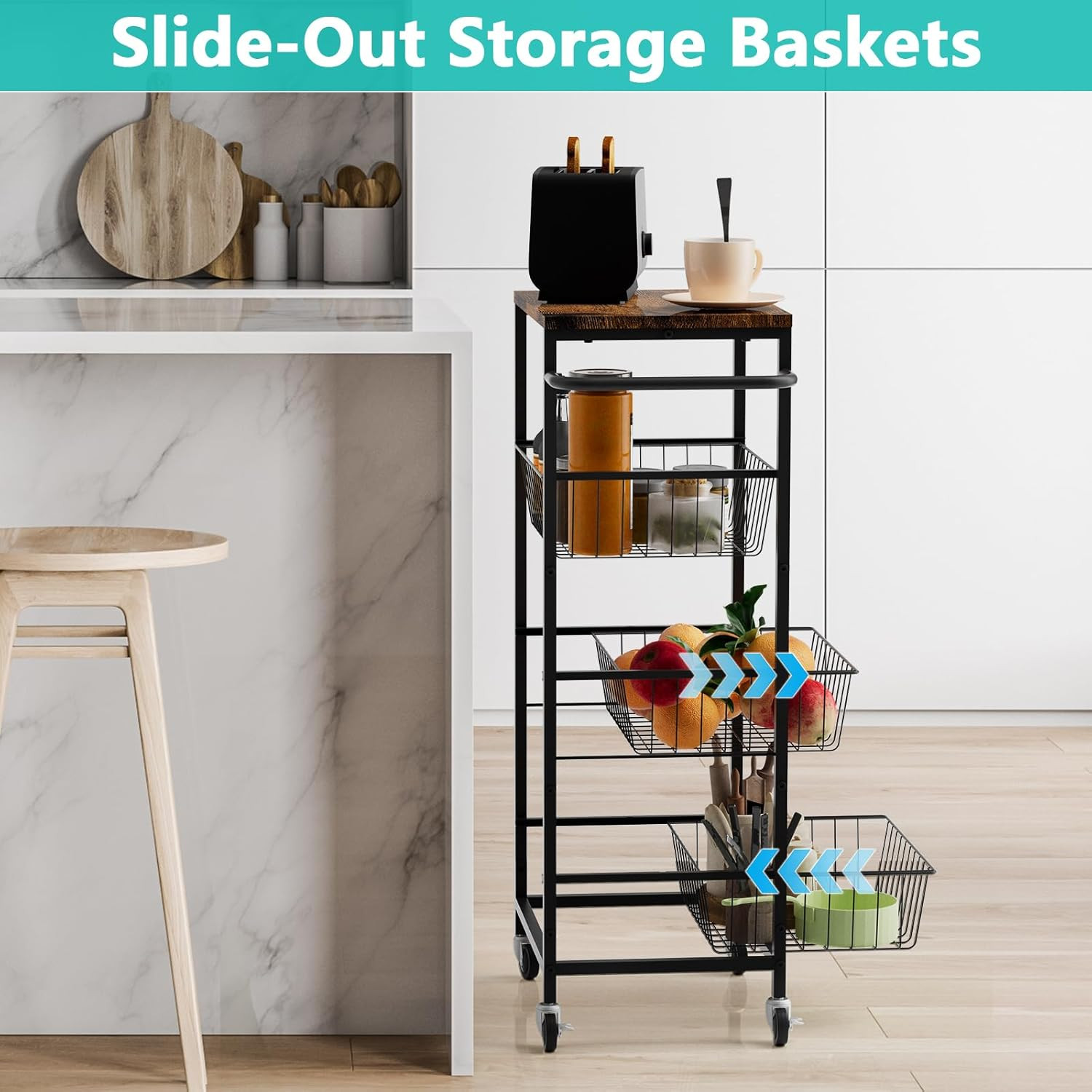 4 Tier Kitchen Storage Cart, Snack Rack Cart with Pull-Out Fruit Baskets, Mobile