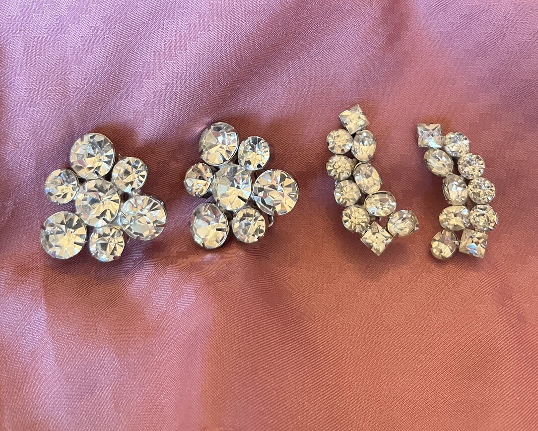 Two Pair Mid Century Clear Rhinestone Statement Earrings
