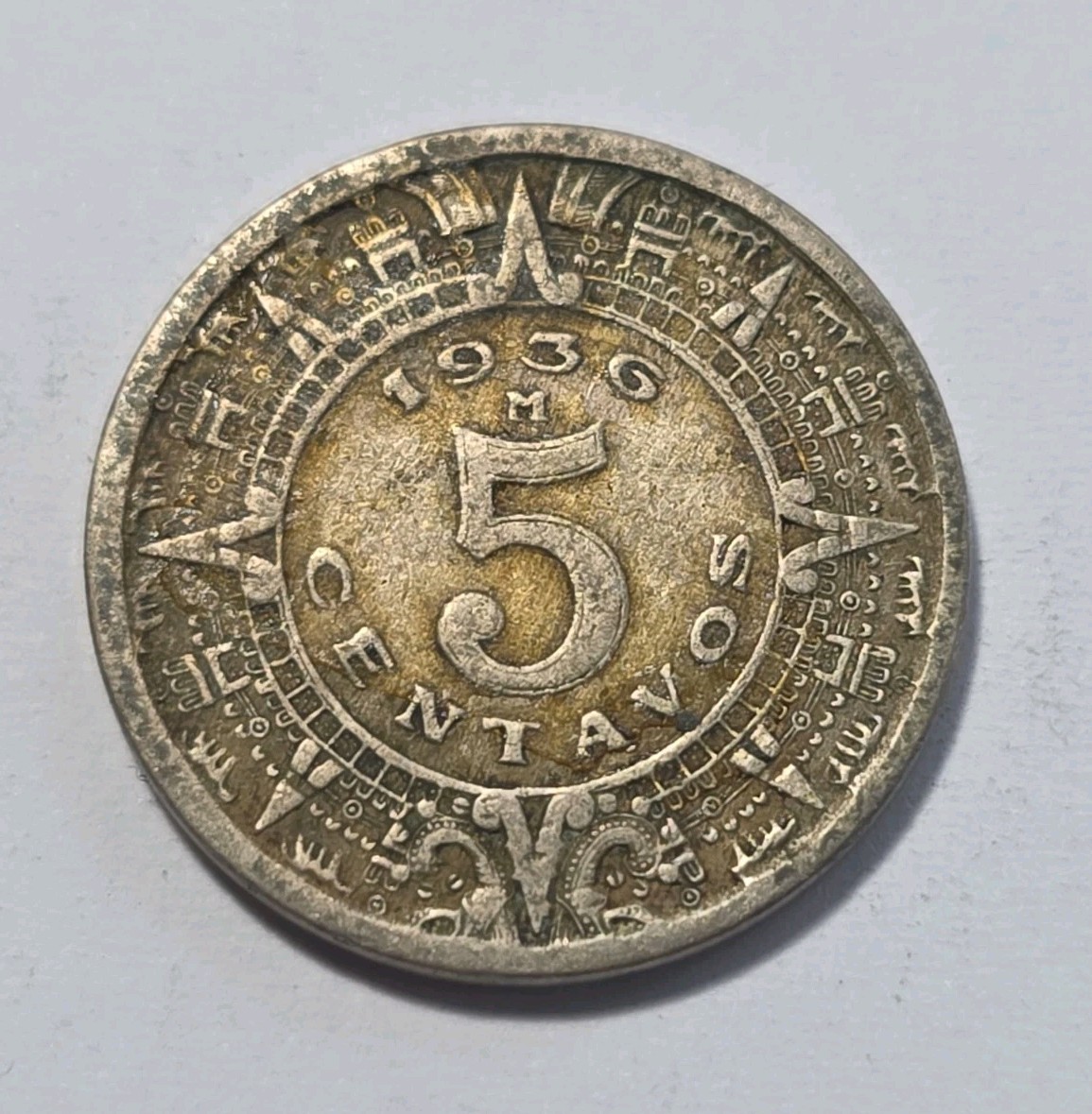 1936 Mexico 5 Centavos Coat Of Arms, Aztec Sun Stone With Date And Value Inside