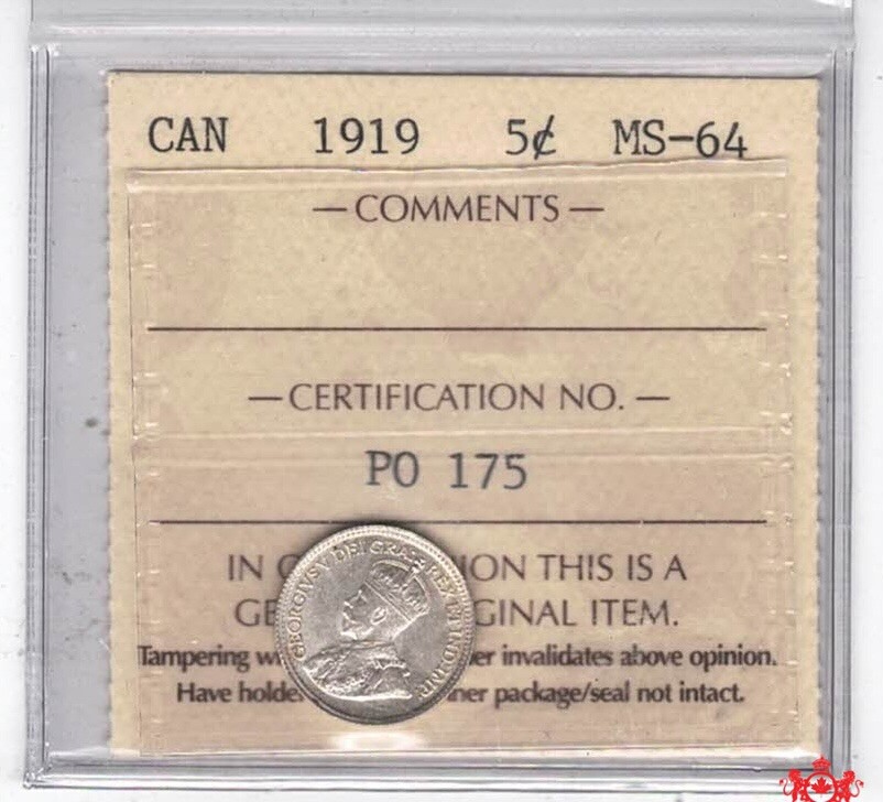 1919 Canada 5 Cents - ICCS MS64 - PO 175