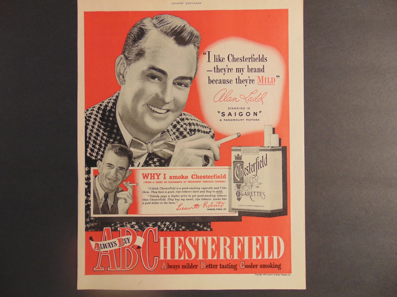 1948 ALAN LADD Endorses CHESTERFIELD CIGARETTES art print ad