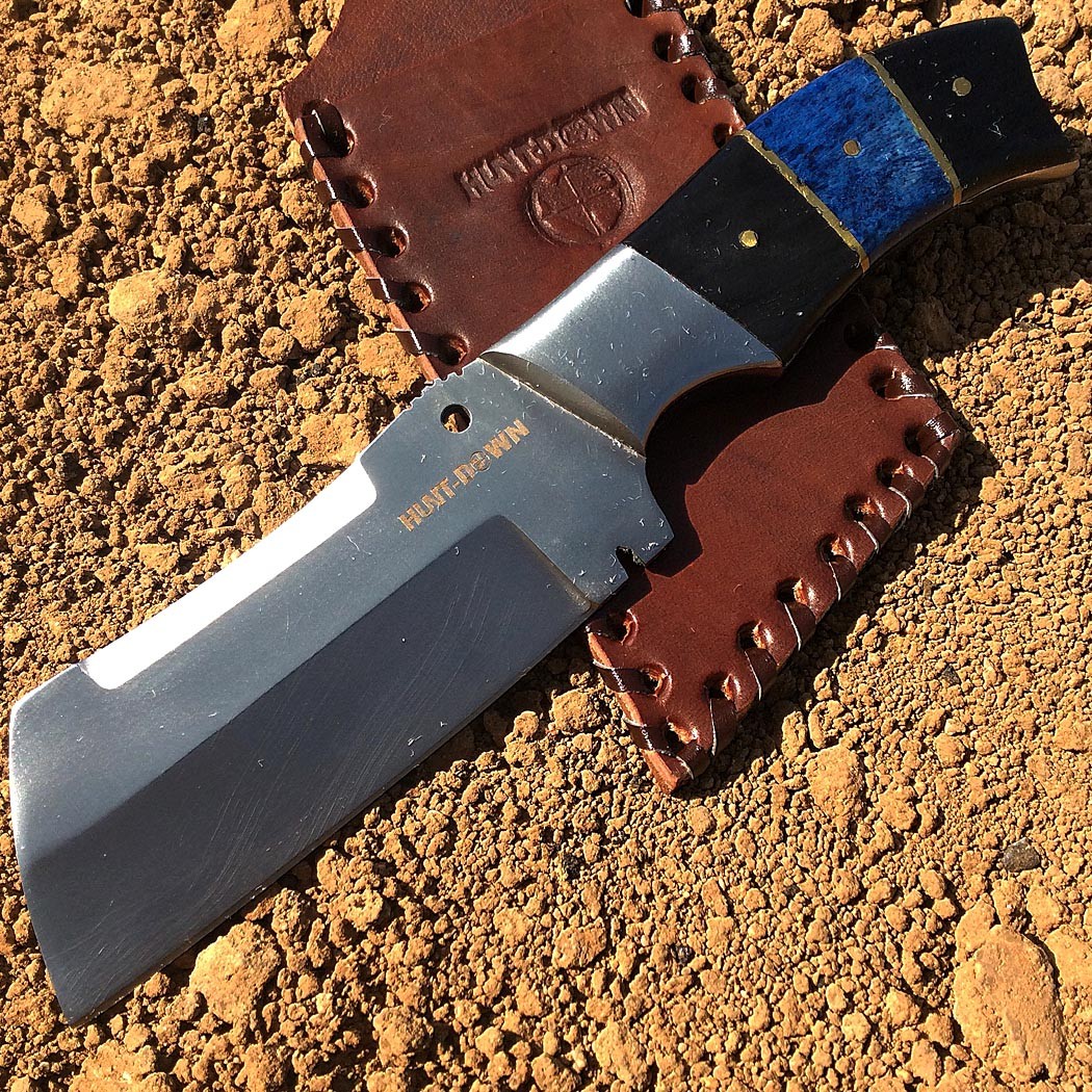 9"" Huntdown Full Tang Hunting Knife with Blue and Leather Sheath