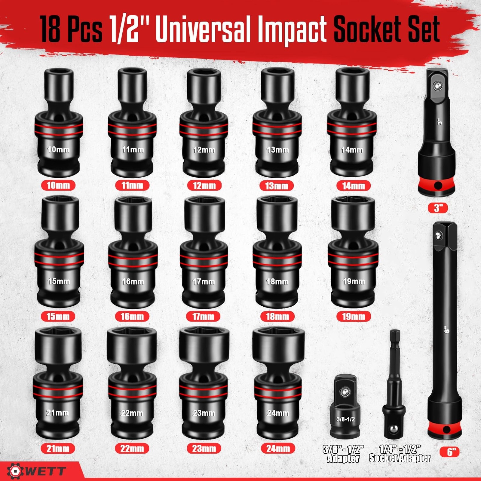 WETT 18-Piece 1/2" Drive Shallow Impact Universal Joint Socket Set,... Fast Ship