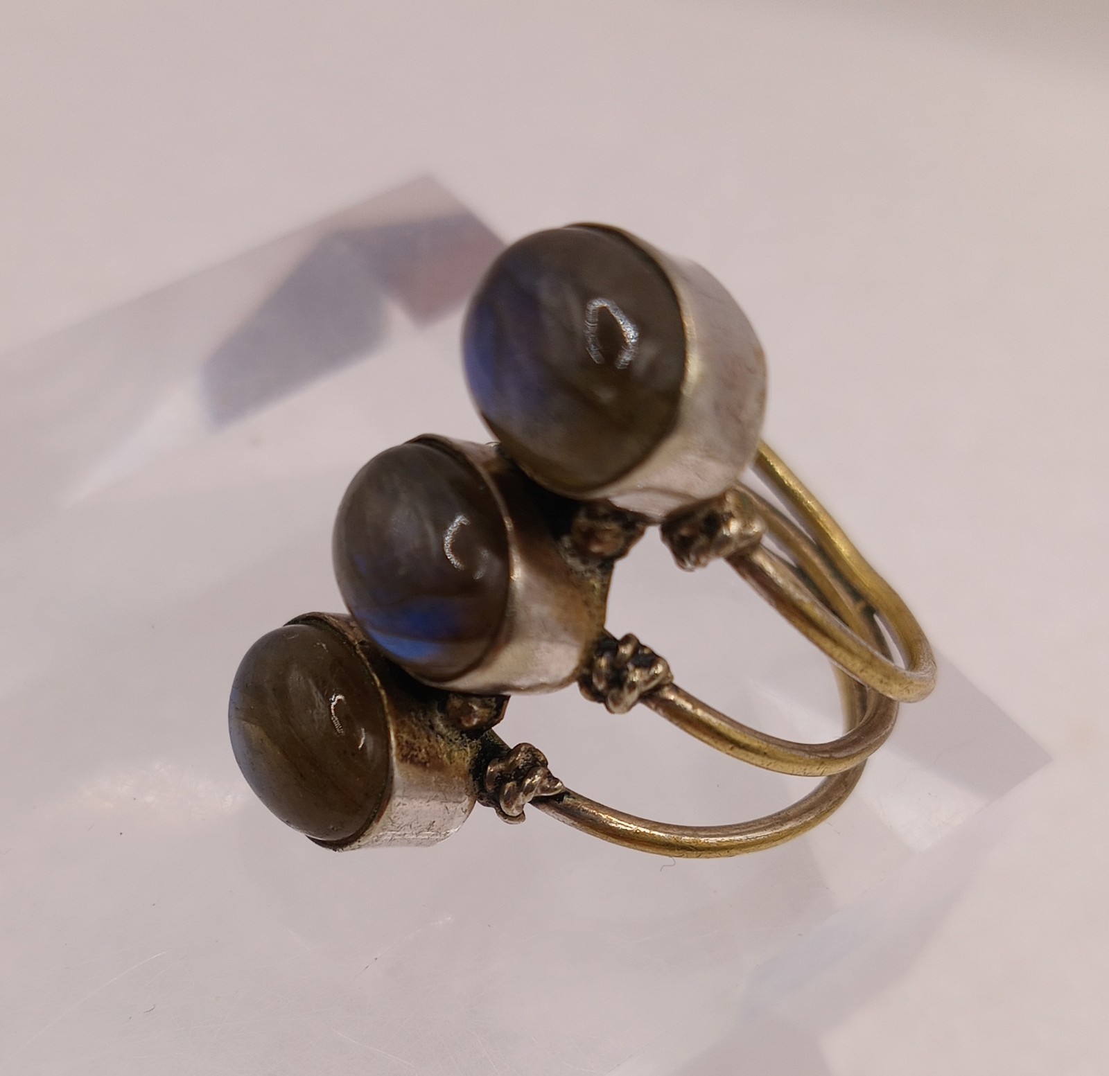 3 Stone Labradorite 3 In One Ring Brass Statement Ring Size 8 Silver Plated