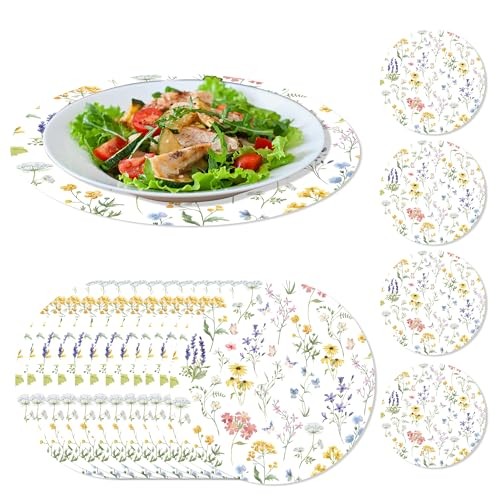 30 Pack Floral Placemats Set Round Wildflower Disposable Paper Placemats