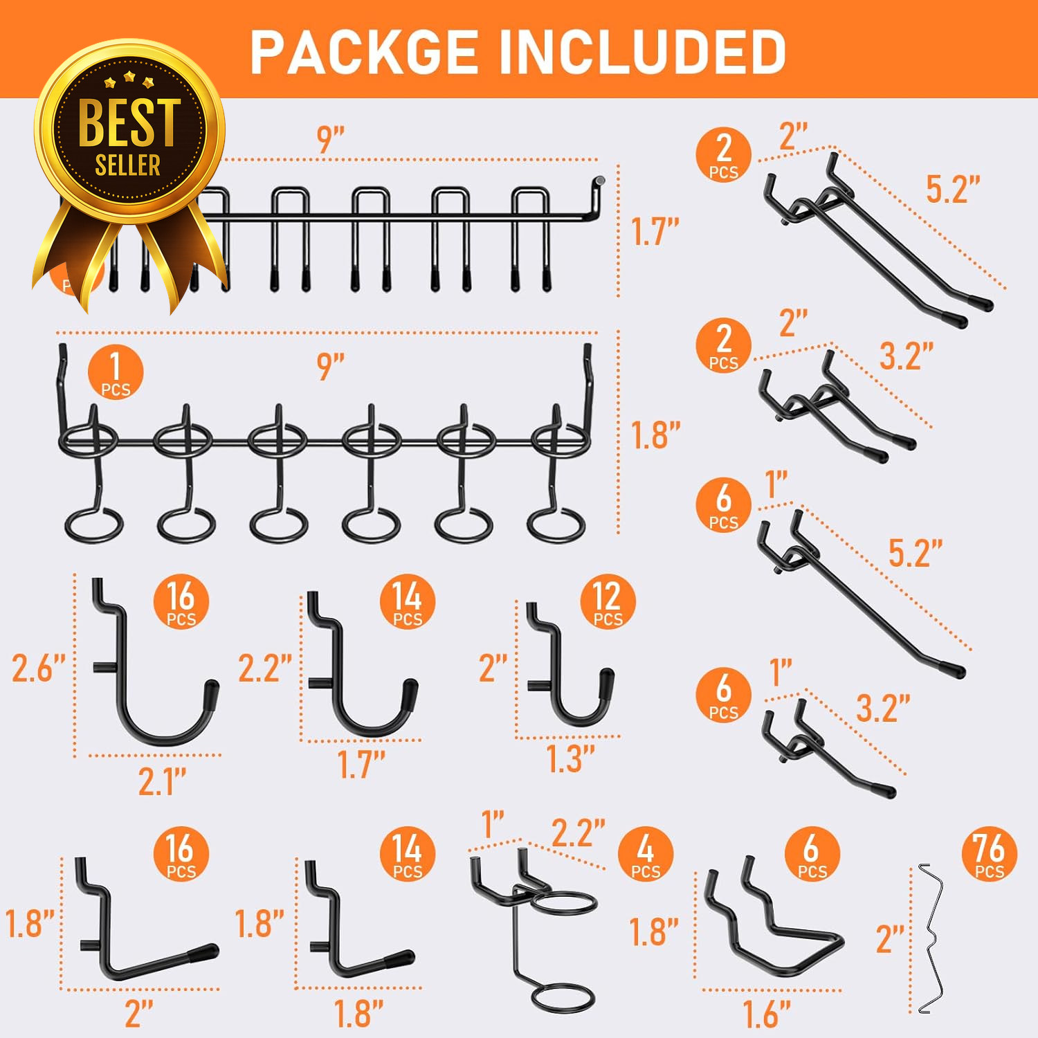 176PCS Heavy Duty Pegboard Hooks Kit with Peg Locks Black