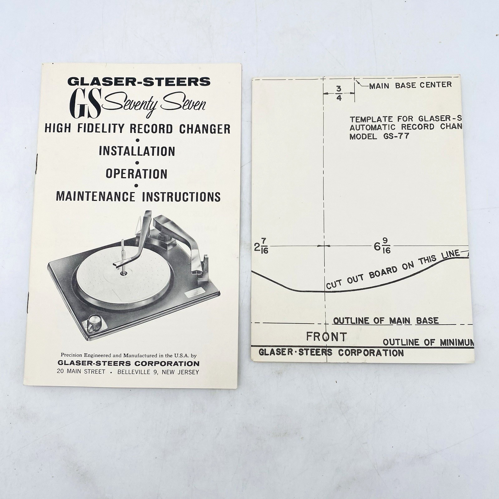 Glaser-Steers GS-77 Record Changer Installation Operation Manual + Template