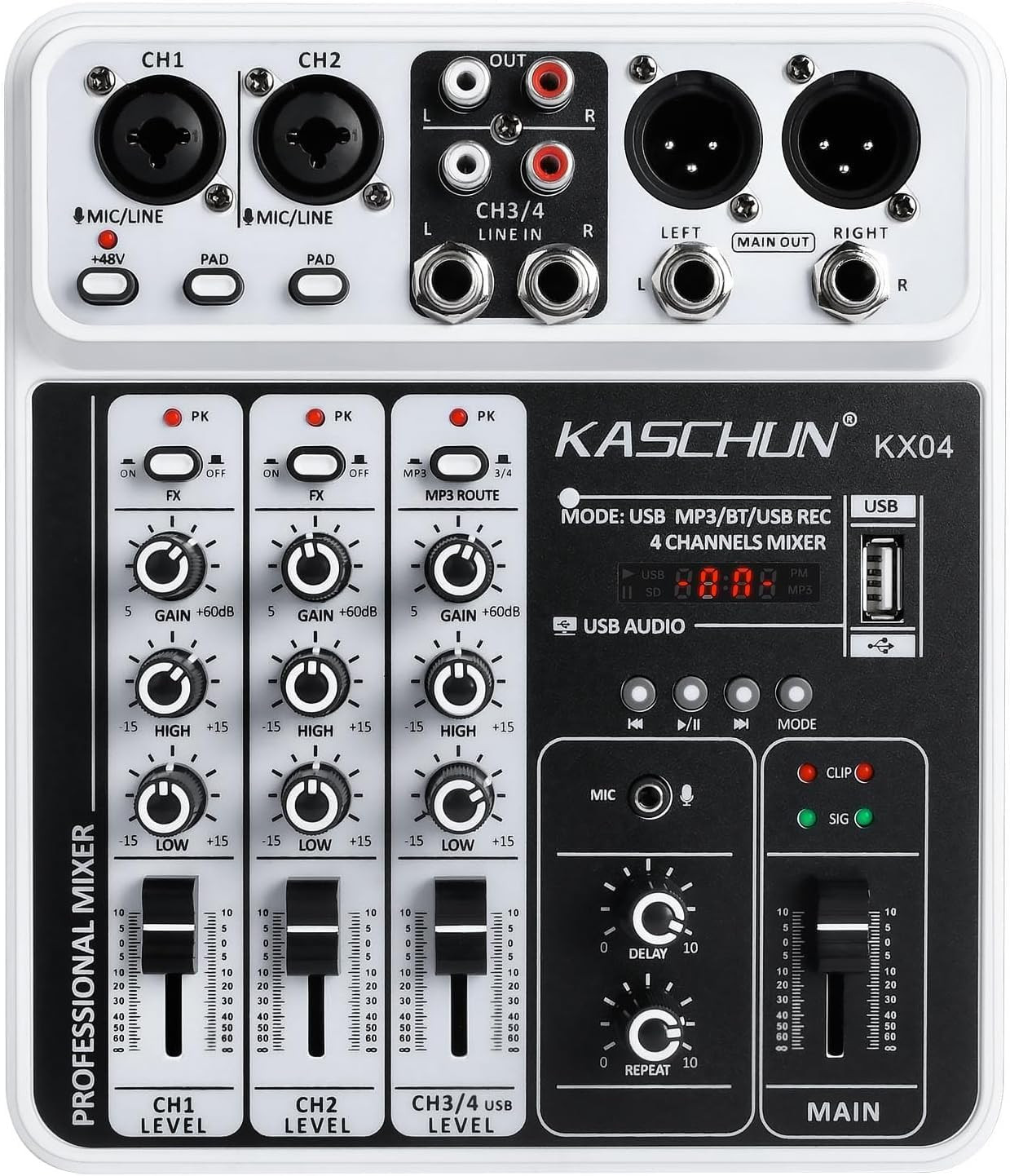 Professional 4-Channel DJ Audio Mixer, Bluetooth Sound Board with USB MP3 Input