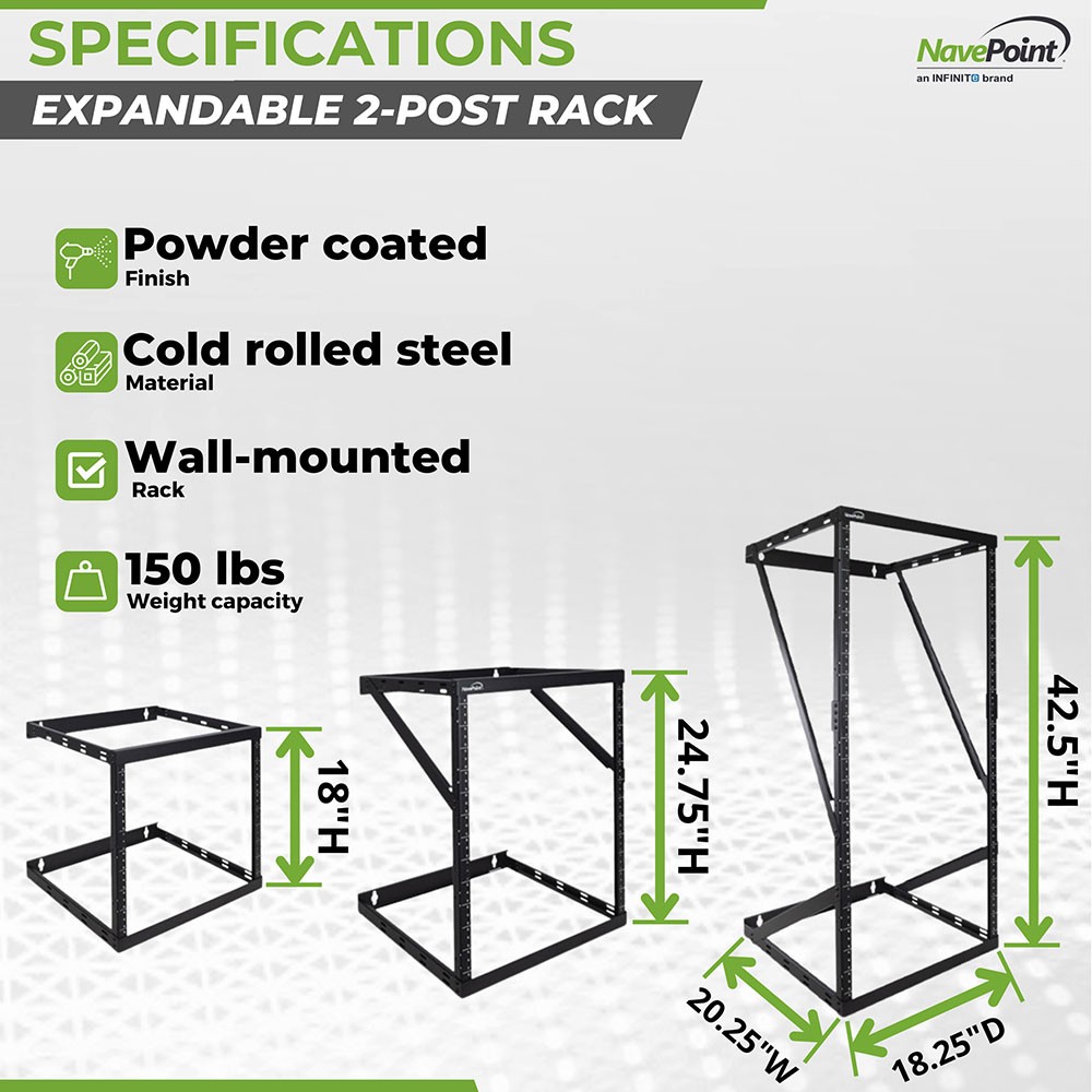 8U/12U/22U Wall Mount Expandable Open Frame 2 Post Rack Adjustable Height