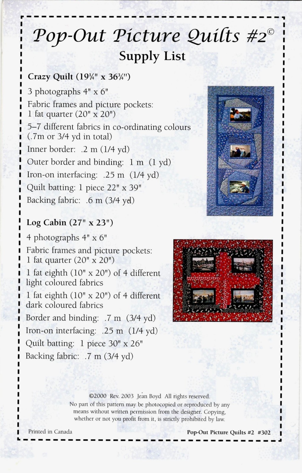 Pop-Out Picture Quilts #2 Pattern by Jean Boyd 302