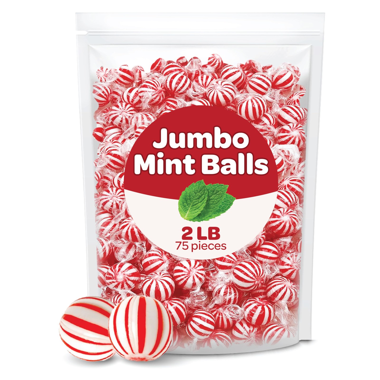 Jumbo Mint Balls - 2 lb Bulk Pack - Peppermint Hard Candy - Individually Wrapped