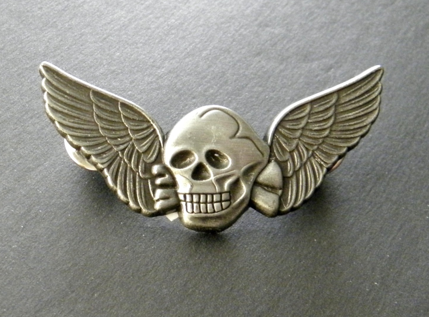 Skull Death Wings Biker Special Forces Pewter Hat Jacket Lapel Pin 2 inches