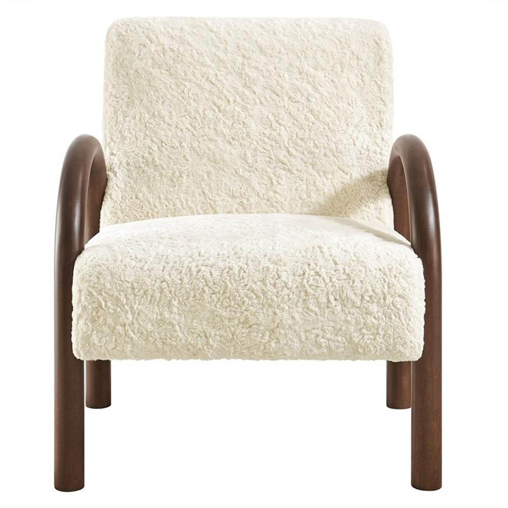 Maklaine Contemporary Faux Shearling Accent Armchair in Ecru