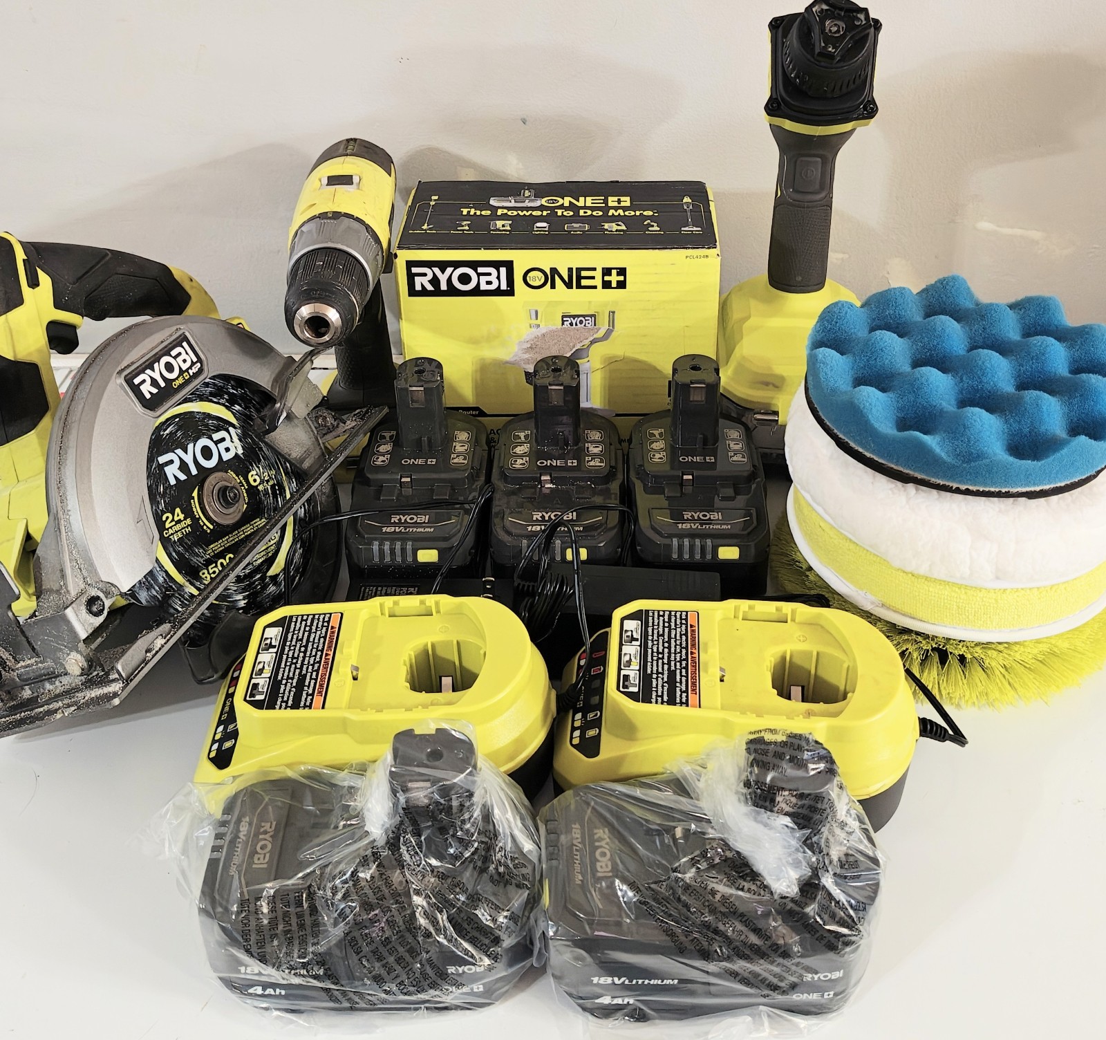 Ryobi 18v Tool Bundle - 4 Tools, (5) 4ah One+ Batteries, 2 Chargers