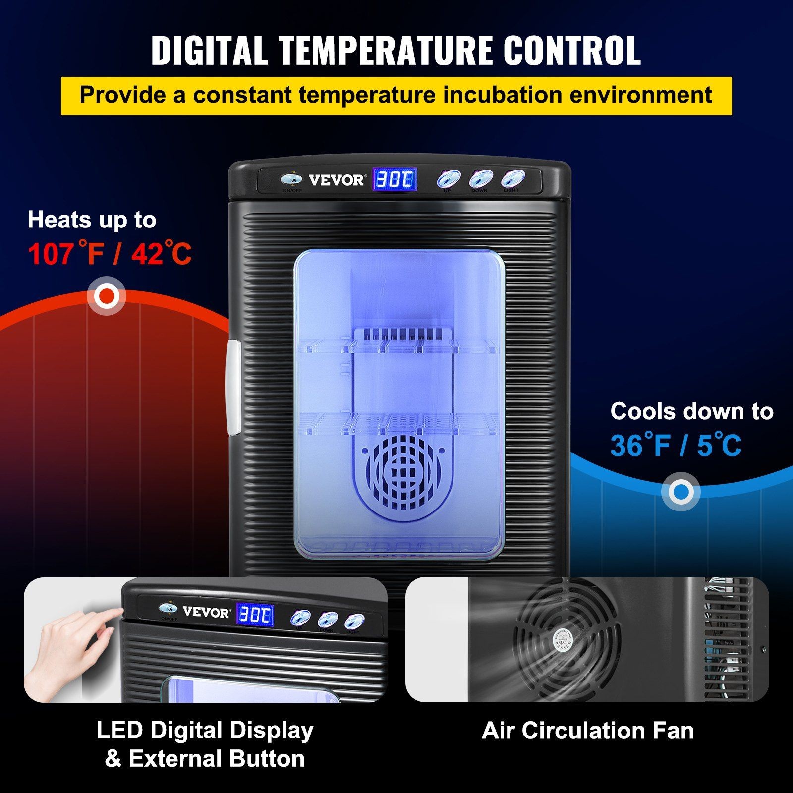 25L Compact Egg Incubator 5-42°C Digital LED Control Black