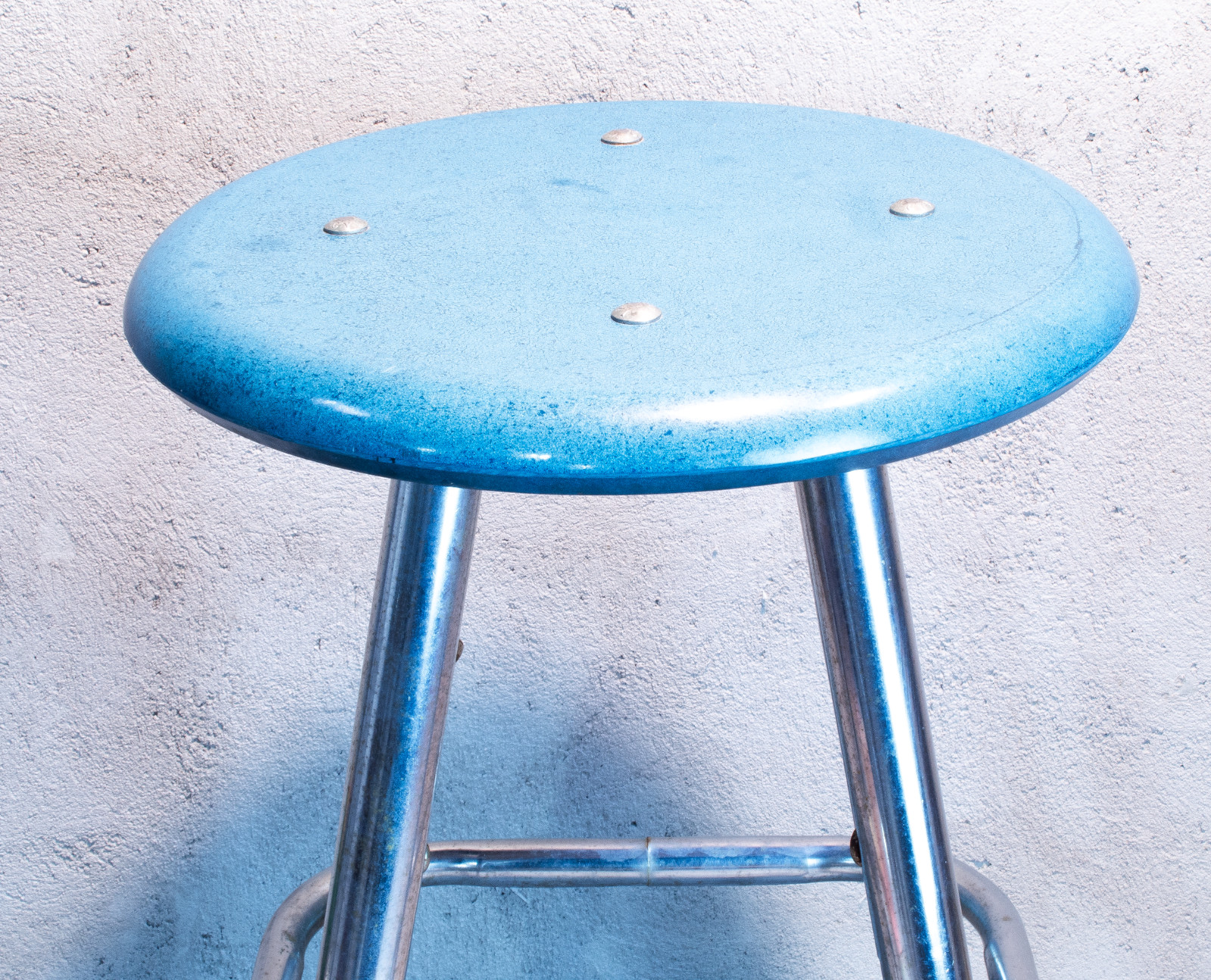 Chrome and Plastic School Lab Work Stool Metal Hard Plastic Blue Seat Adjustable