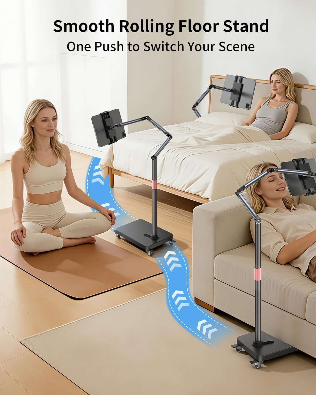 Rolling Tablet Floor Stand with Wheels, Adjustable Aluminum Arm, 360° Rotation