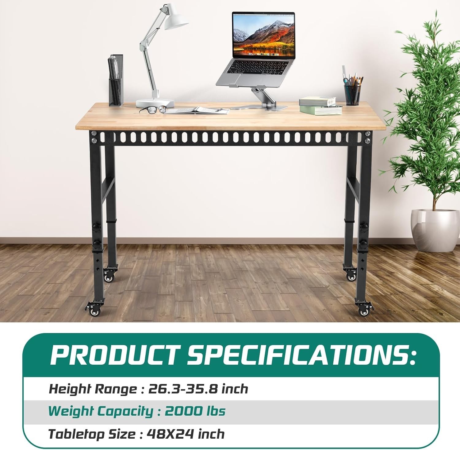 Versatile 48" Adjustable Workbench with 2000lbs Load Capacity & Lockable Casters