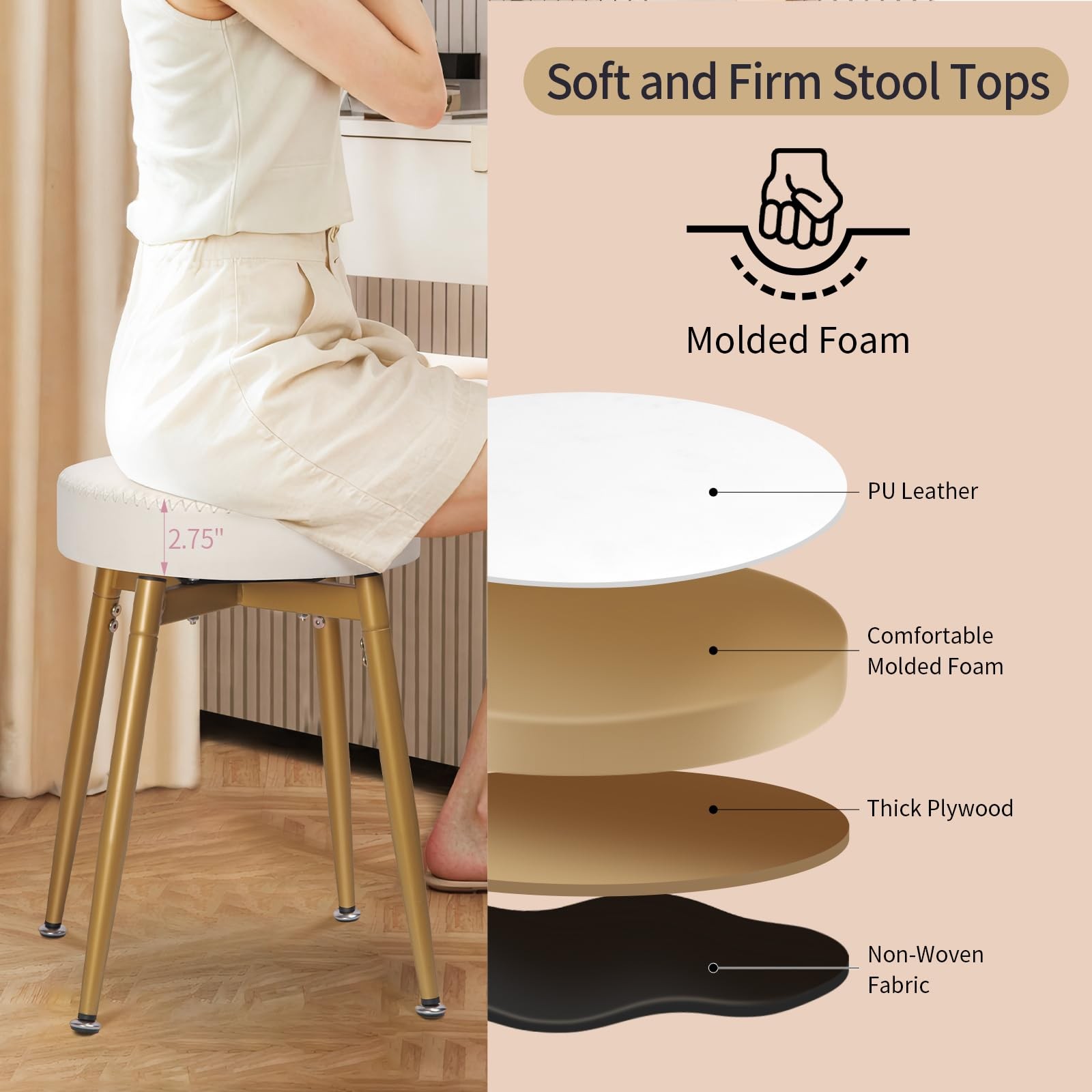 White Gold 360 Swivel Vanity Stool Round Faux Leather Ottoman Metal Legs