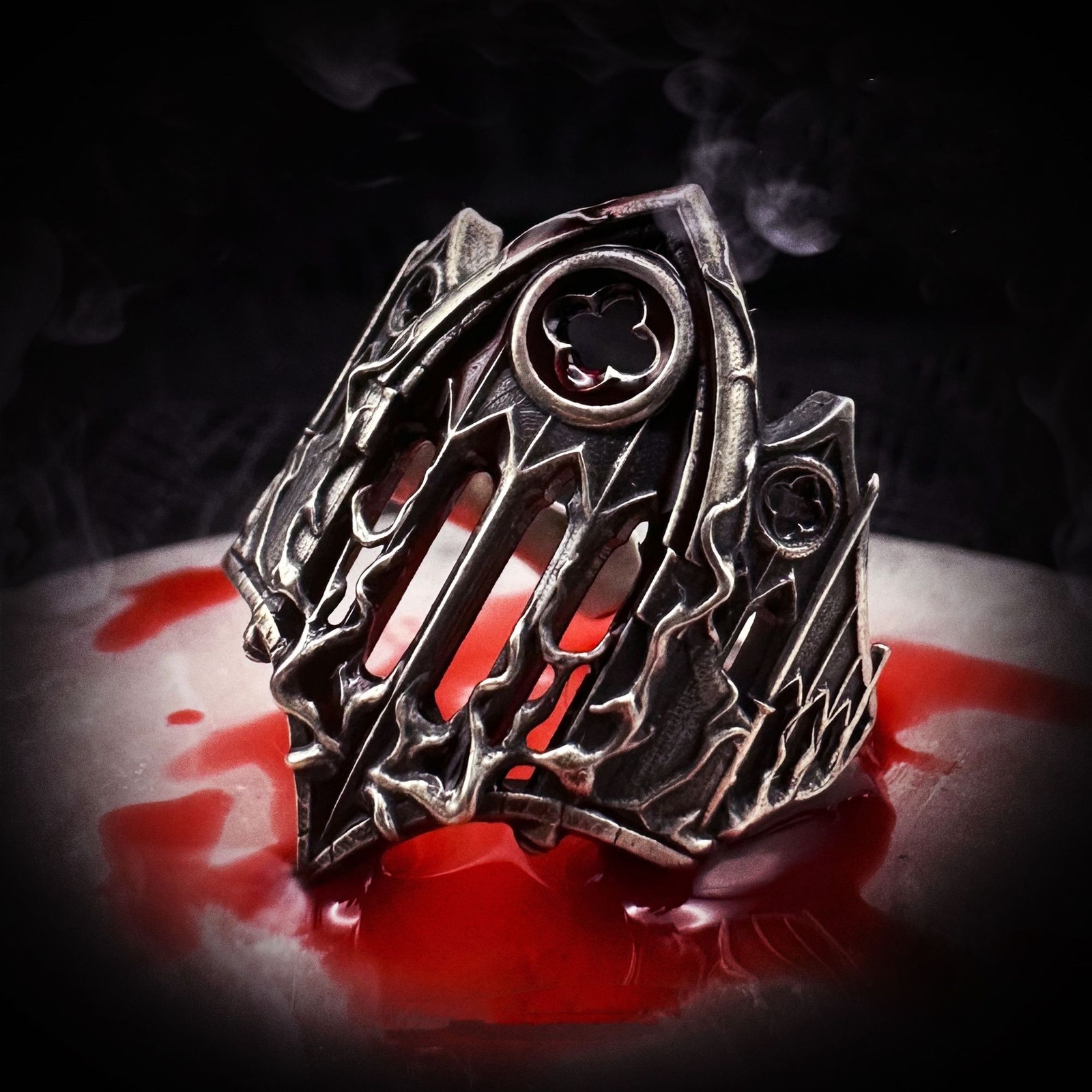 Vintage Fired Cathedral Churches Gothic Cameo Flower Window Ring Thai Silver Men