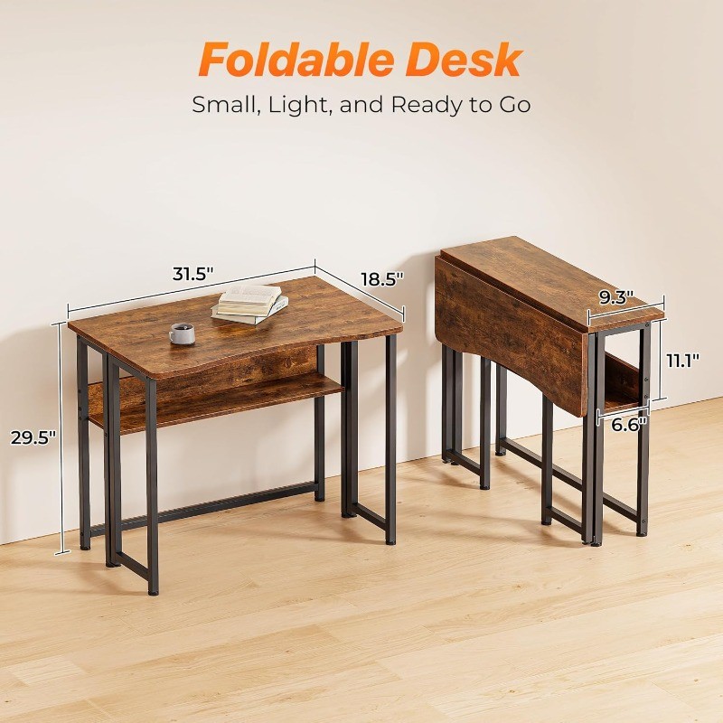Folding Desk with Storage Shelf, 31.5 Inch Foldable Computer Table