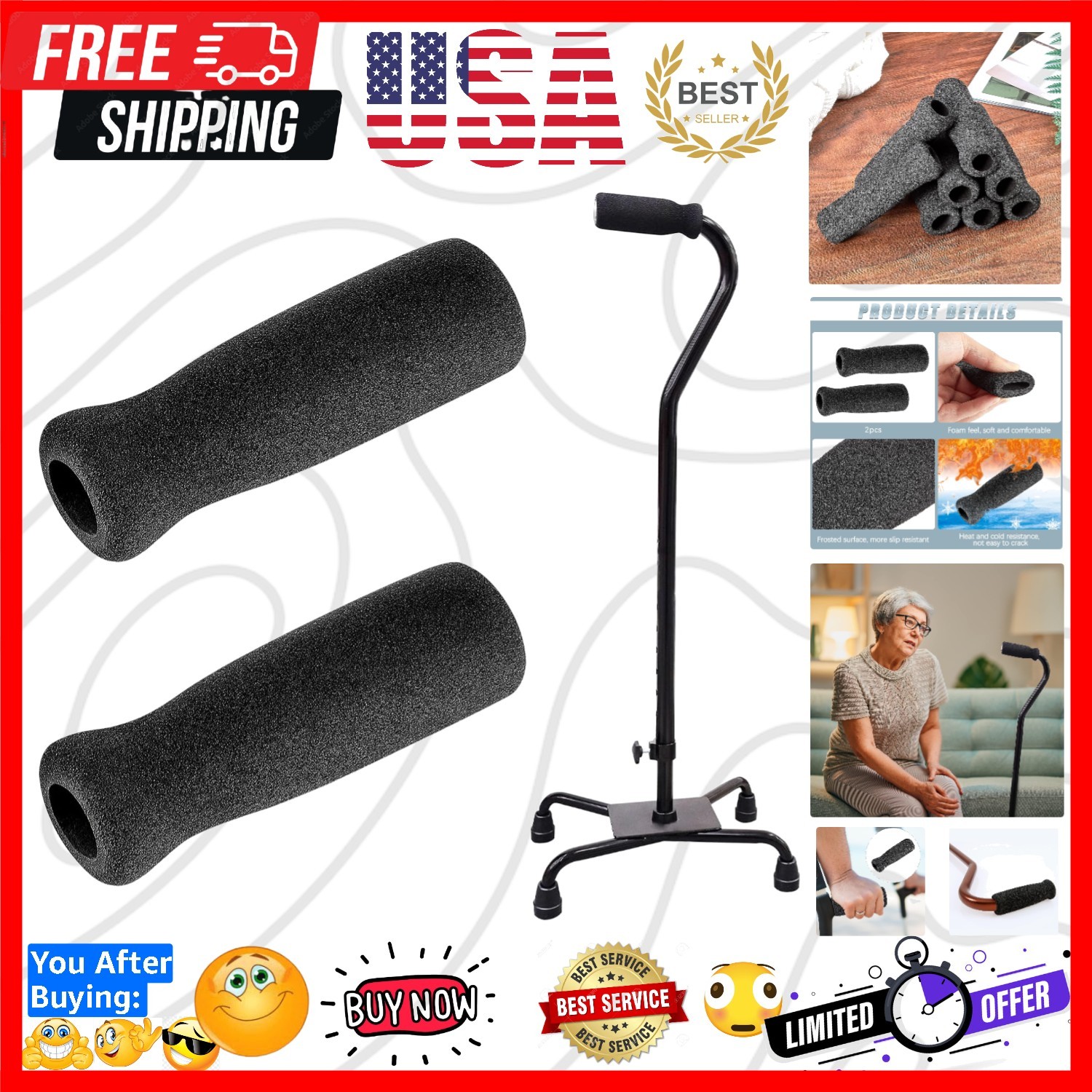 Foam Cane Handle Grip Replacement Offset Walking Hand Foam Handle for Bicycle...