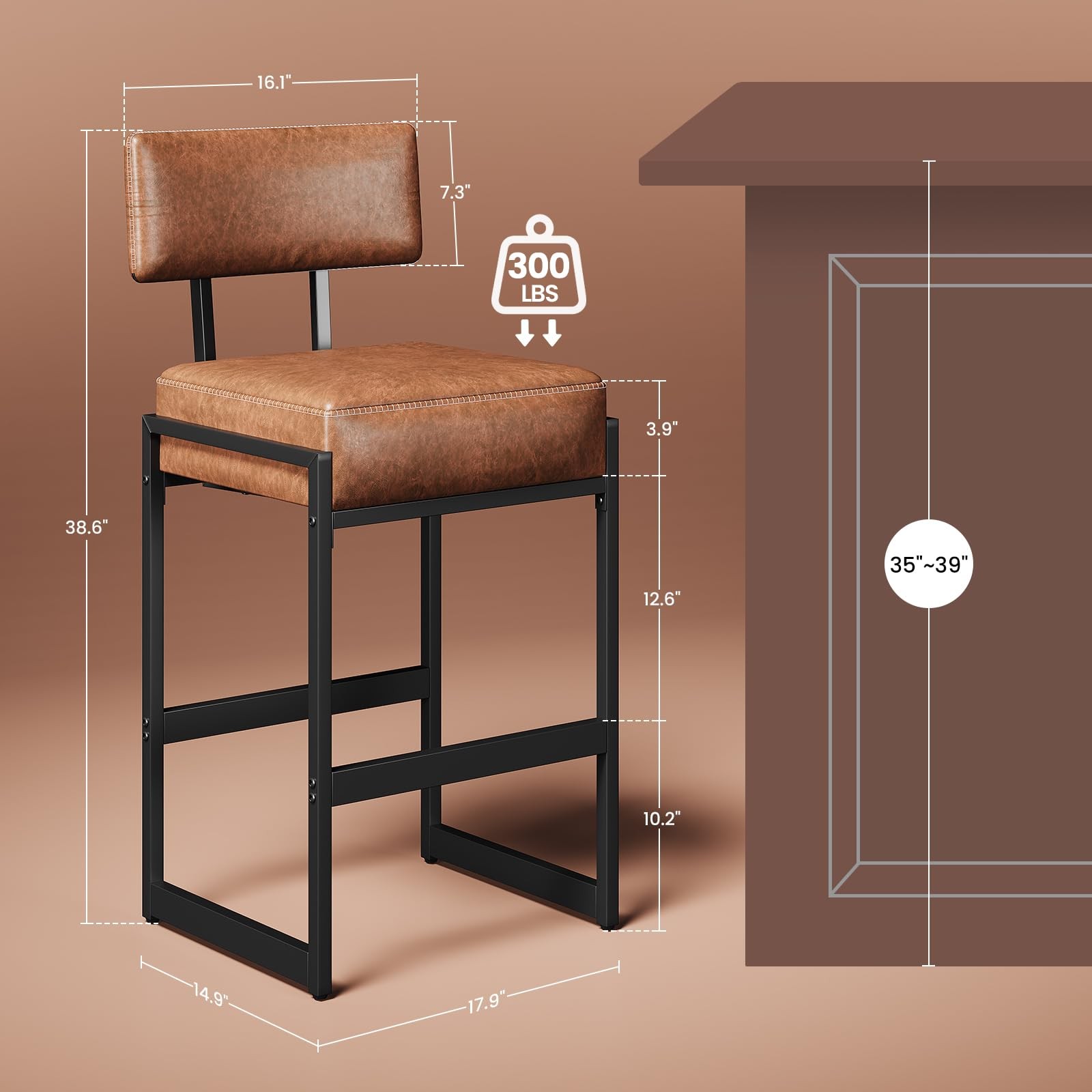 Bar Stool, Counter Height Bar Stools, Synthetic Leather with Stitching, Mid-C...