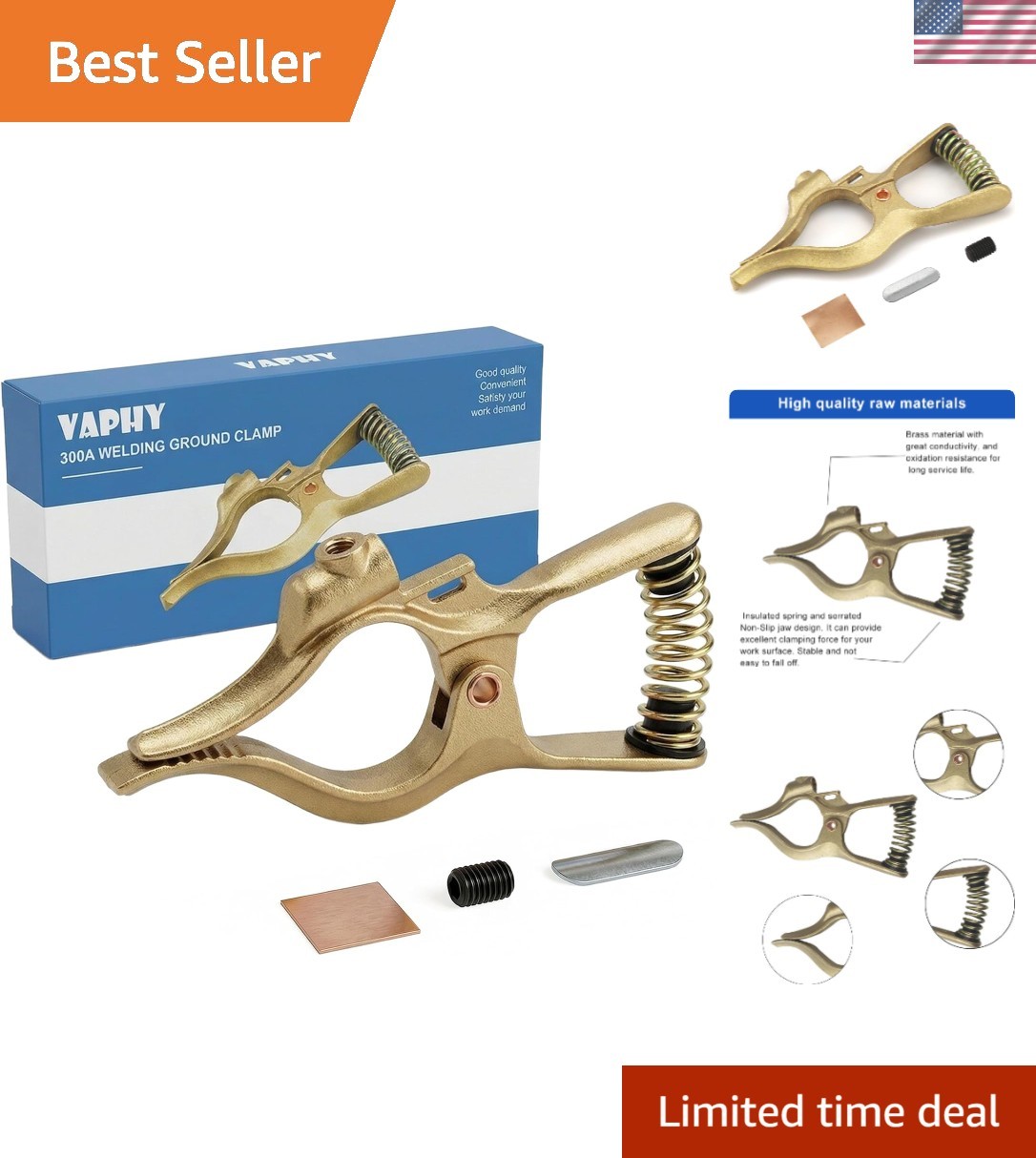 300-Amp T-Style Welding Ground Clamp Brass