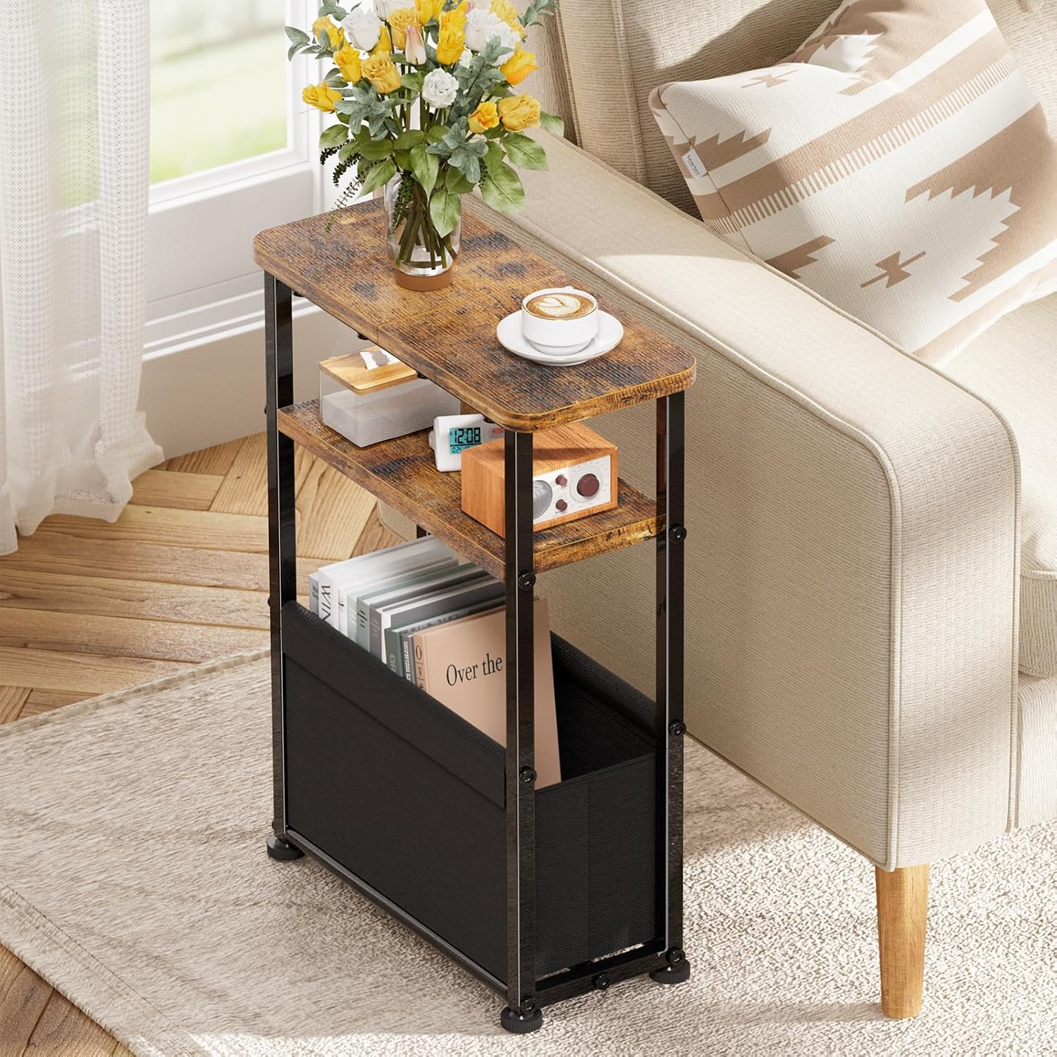 Side Table, 3-Tier Modern End Table with Fabric Basket, Skinny Bedside Table, Th