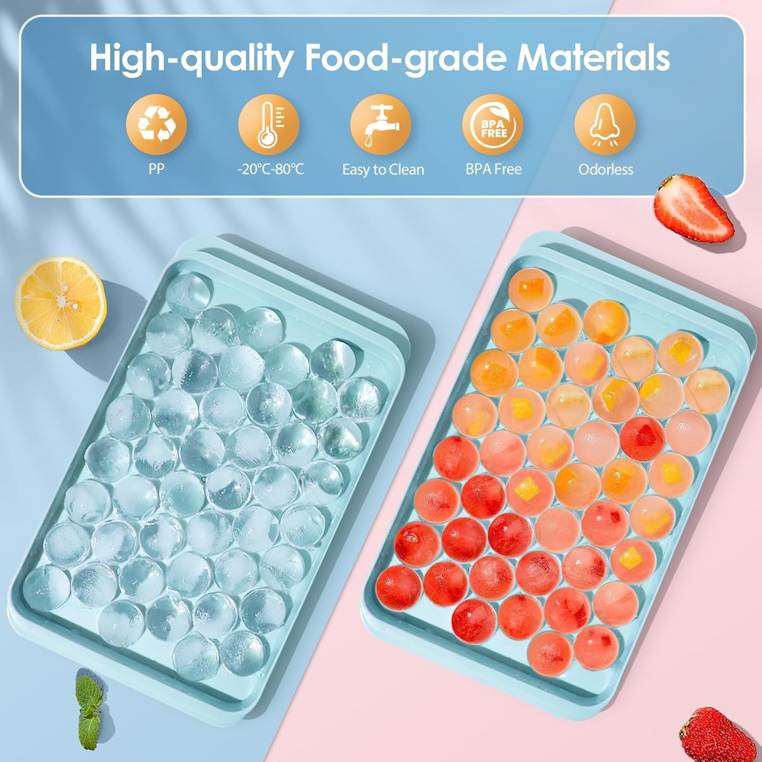 Compact 2-Pack Ice Cube Tray with Bin - Effortless Round Ice Maker in Blue