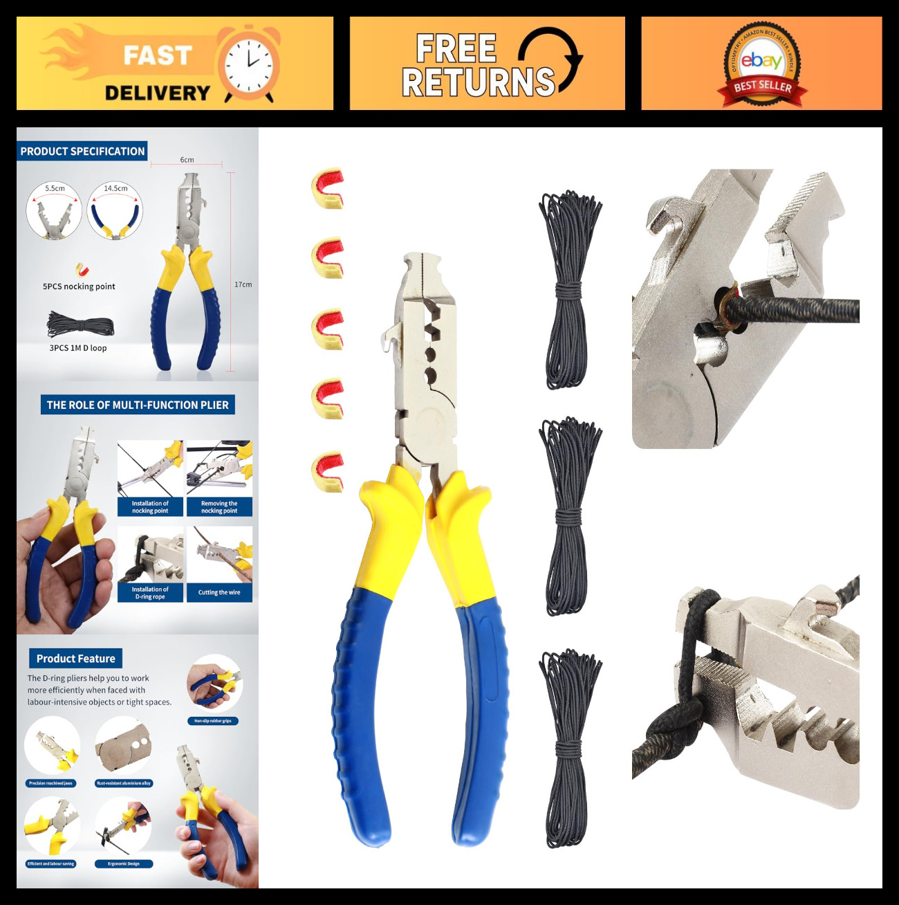 Bow String Nock Point Pliers Kit - D Loop Tool with 3 D Loop Strings & 5 Nocks