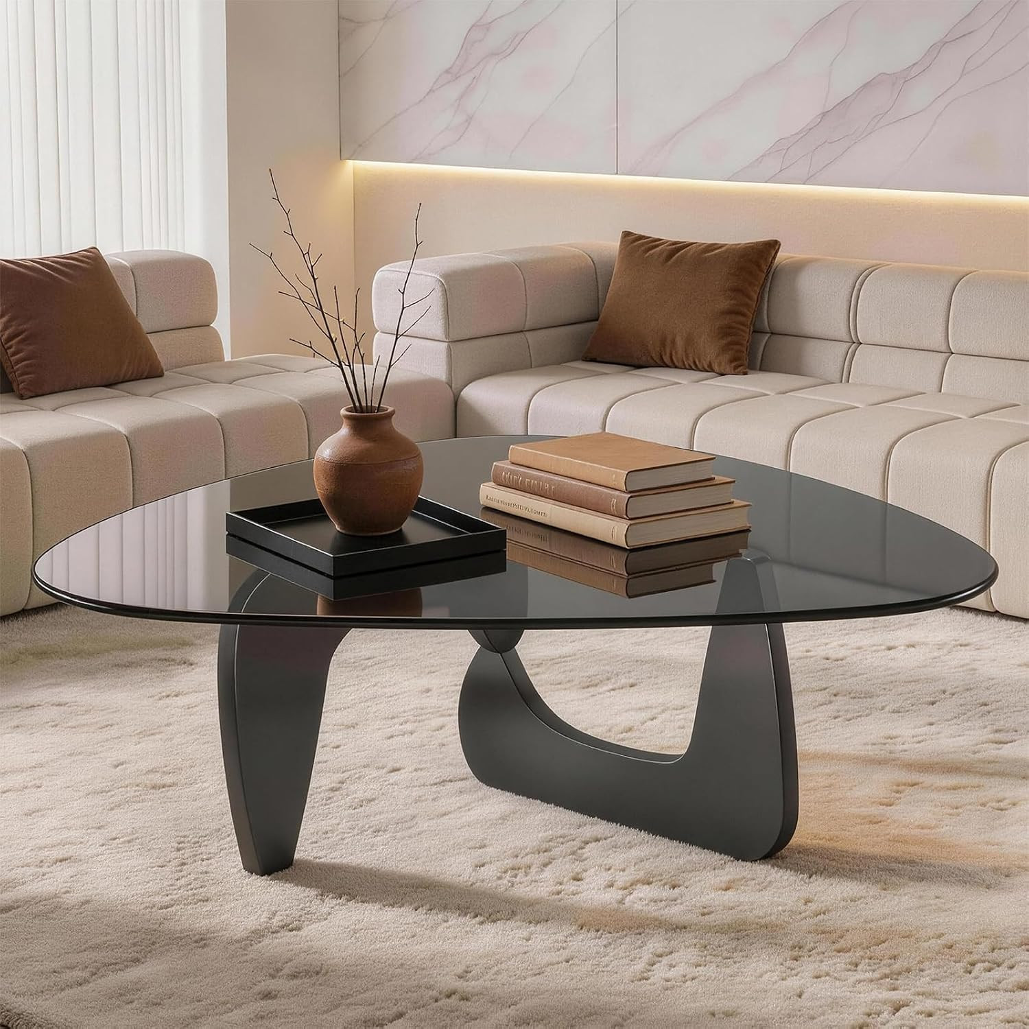 Modern Geometric Glass Coffee Table – Black Matte Wood Base with Frosted Blue Gl