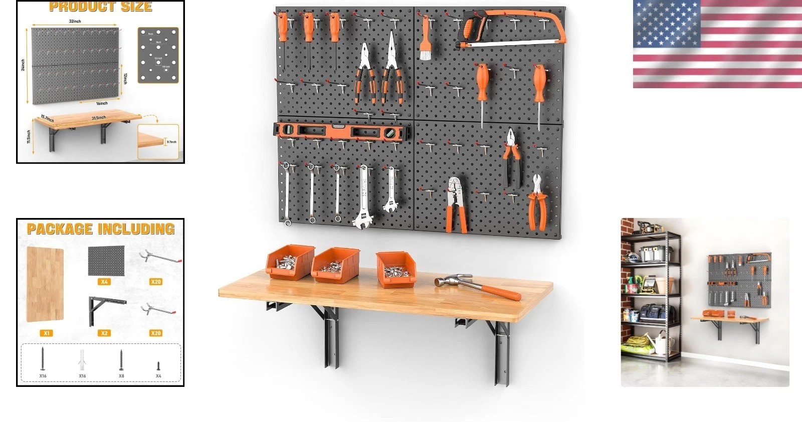 Durable Wall-Mounted Work Table with Pegboard Accessories - 150 lbs Capacity