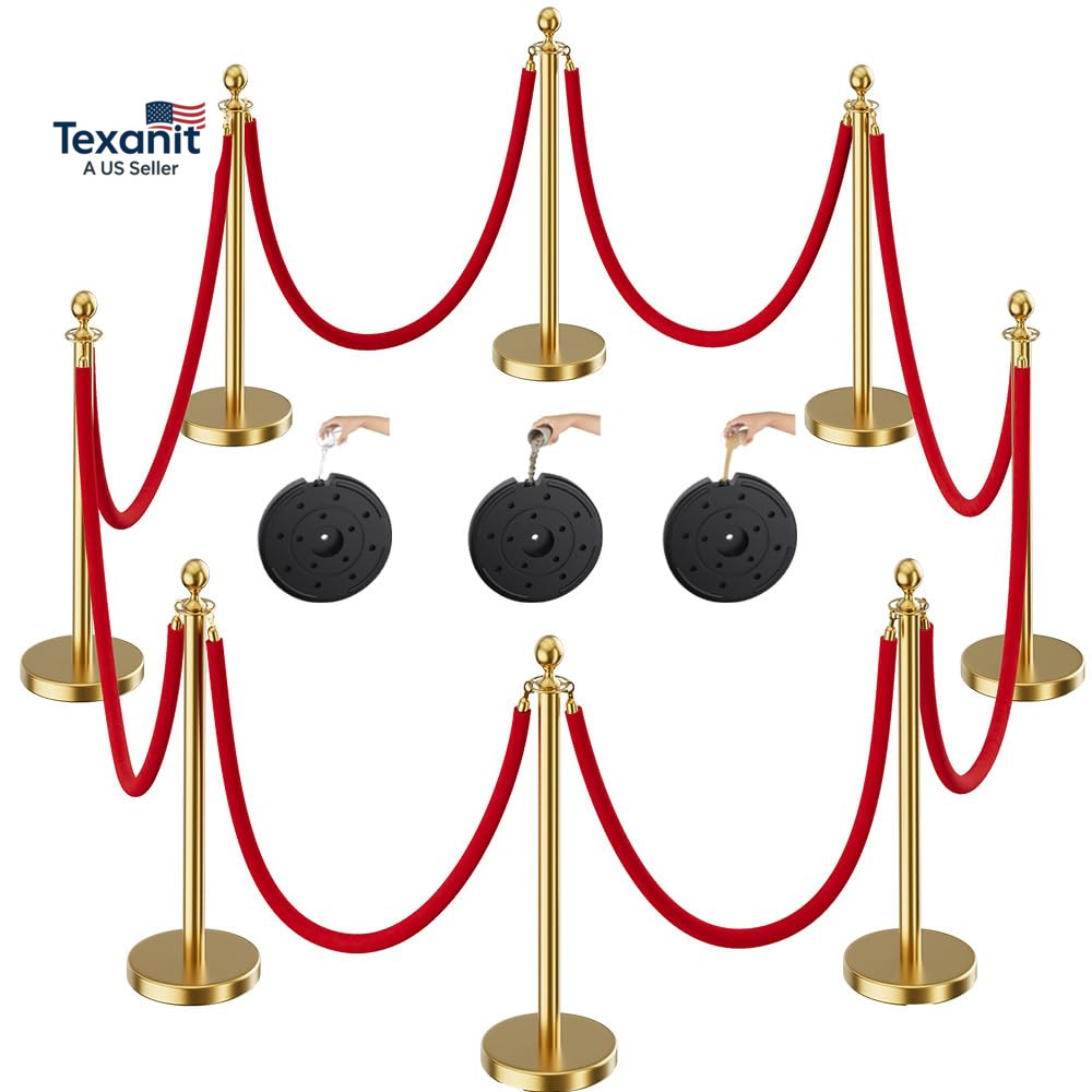 8Pcs Sturdy Gold Stanchion Posts and 8Pcs High Quality Red Carpet Velvet Ropes,