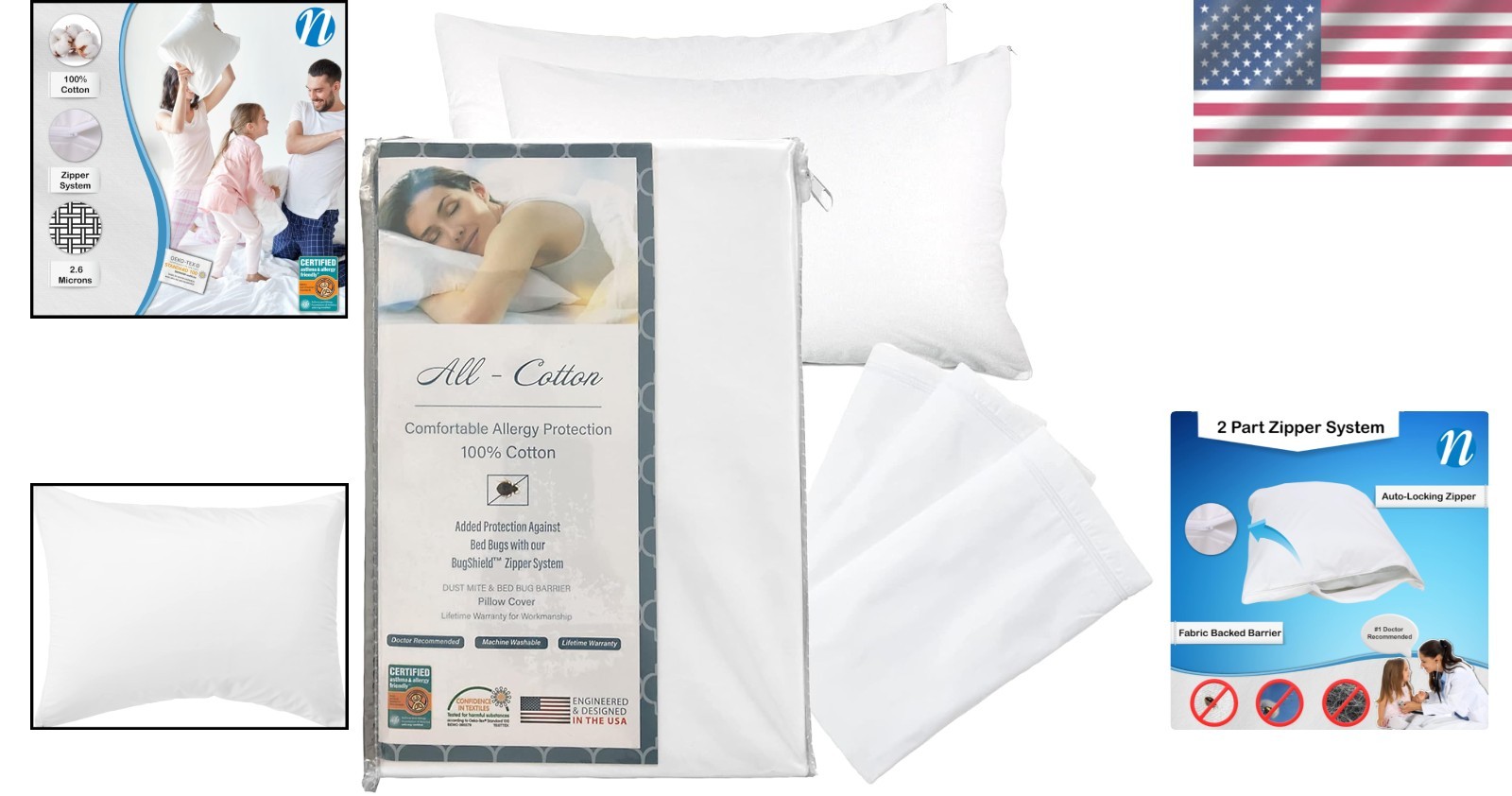 Noiseless 100% Cotton Pillow Protectors 2 Pack Standard Zippered 300 Thread