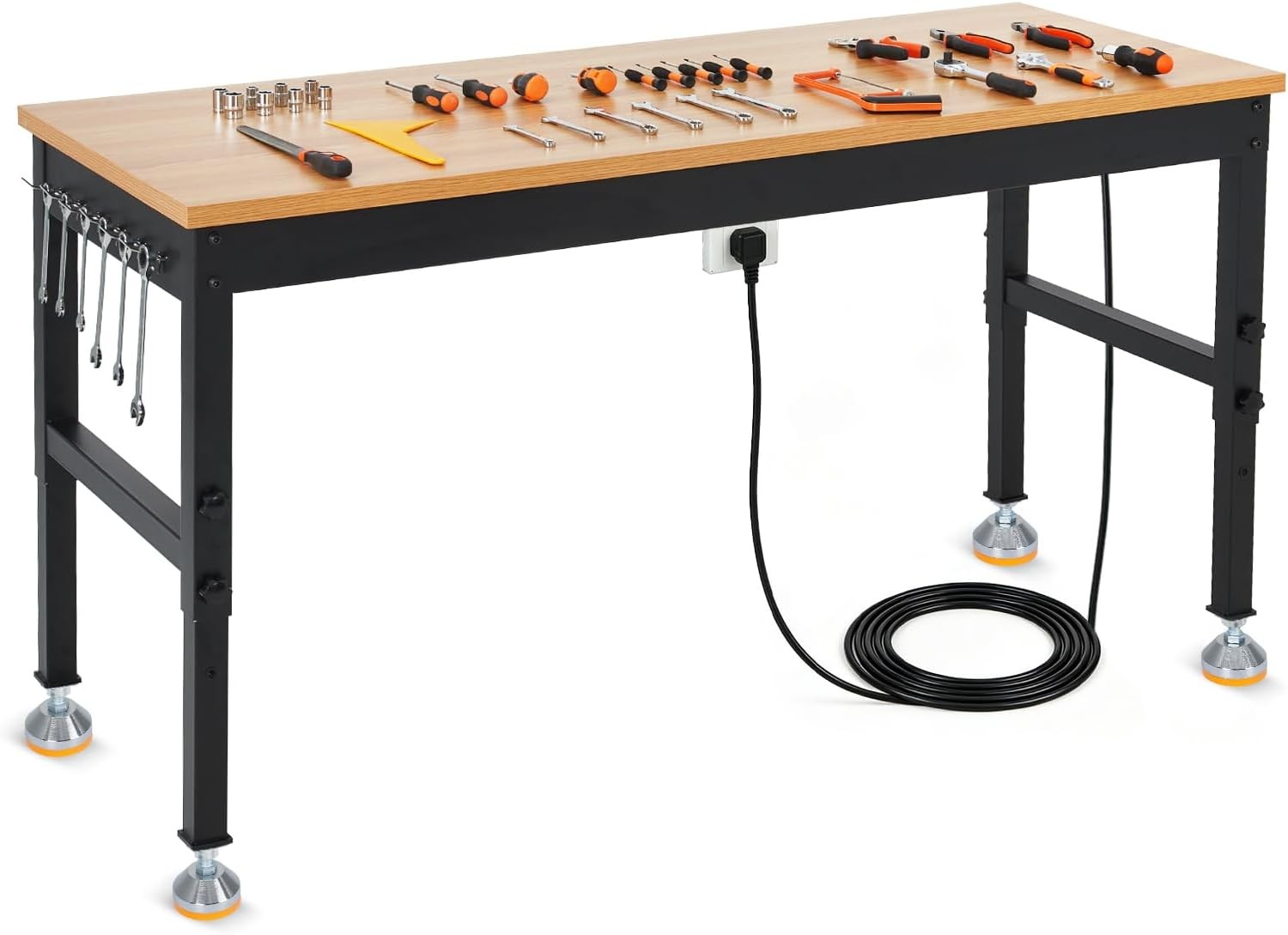 Adjustable Workbench 60 x 24 in Rubber Wood Top Steel Frame 2500lbs Garage Table