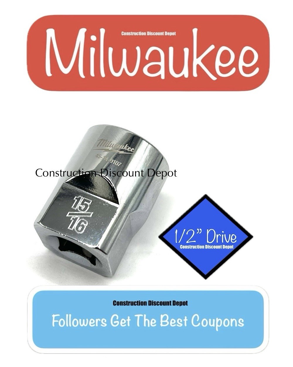 Milwaukee 15/16" in. 1/2" Drive SAE 6 Point Standard Shallow Socket 45-34-9107