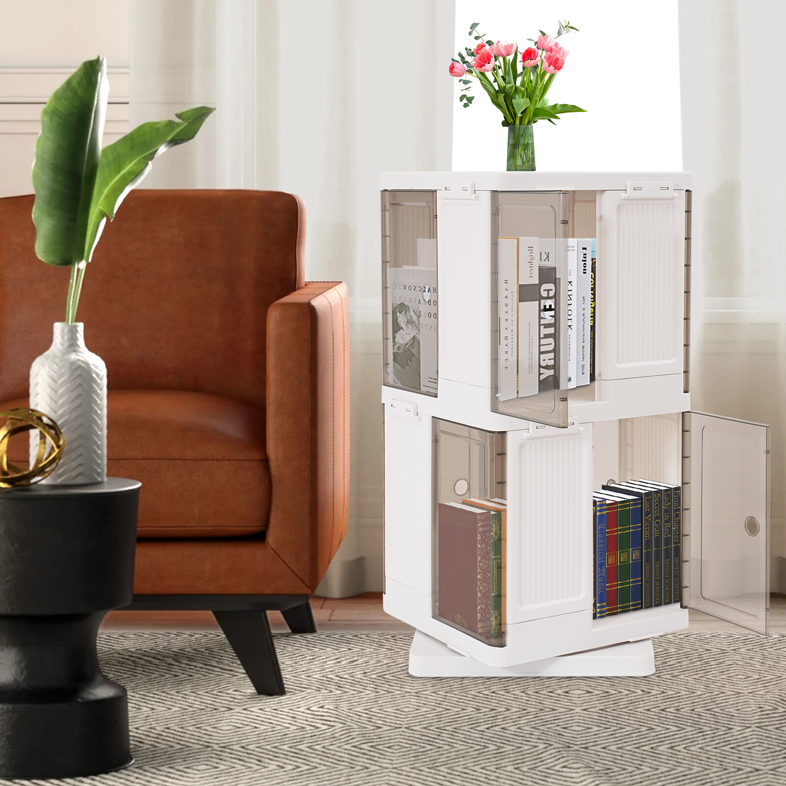 2-Tier Rotating Bookshelf, Book Storage Shelf, Floor Standing Rotating Bookcase