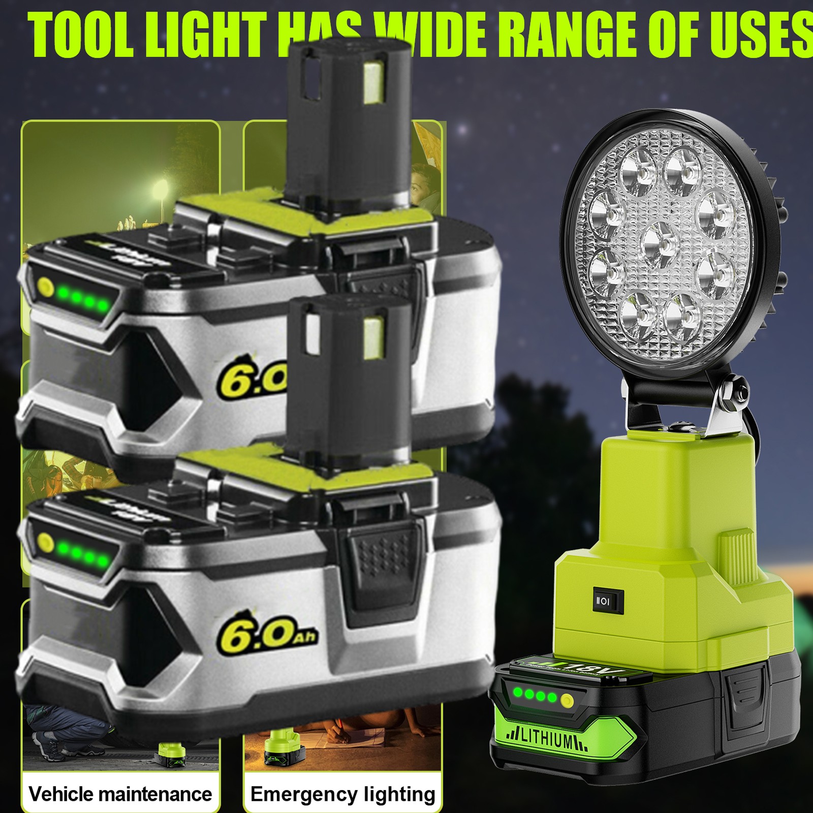 Portable Light Cordless Led Work Light For RYOBI P107 18V 3.0AH Battery /Charger