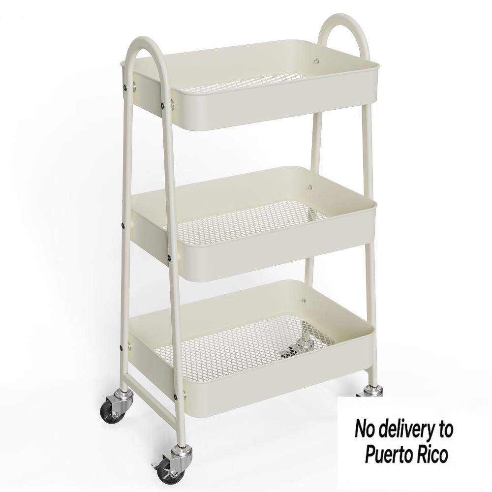 3-Tier Mobile Utility Cart, Wheels, Metal Organizer, White, Narrow Places