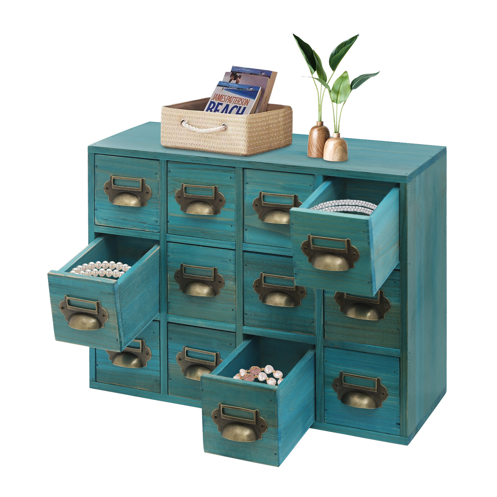 Blue 12Drawer Storage Cabinet Rectangular Desktop Drawer Organizer WoodenCabinet
