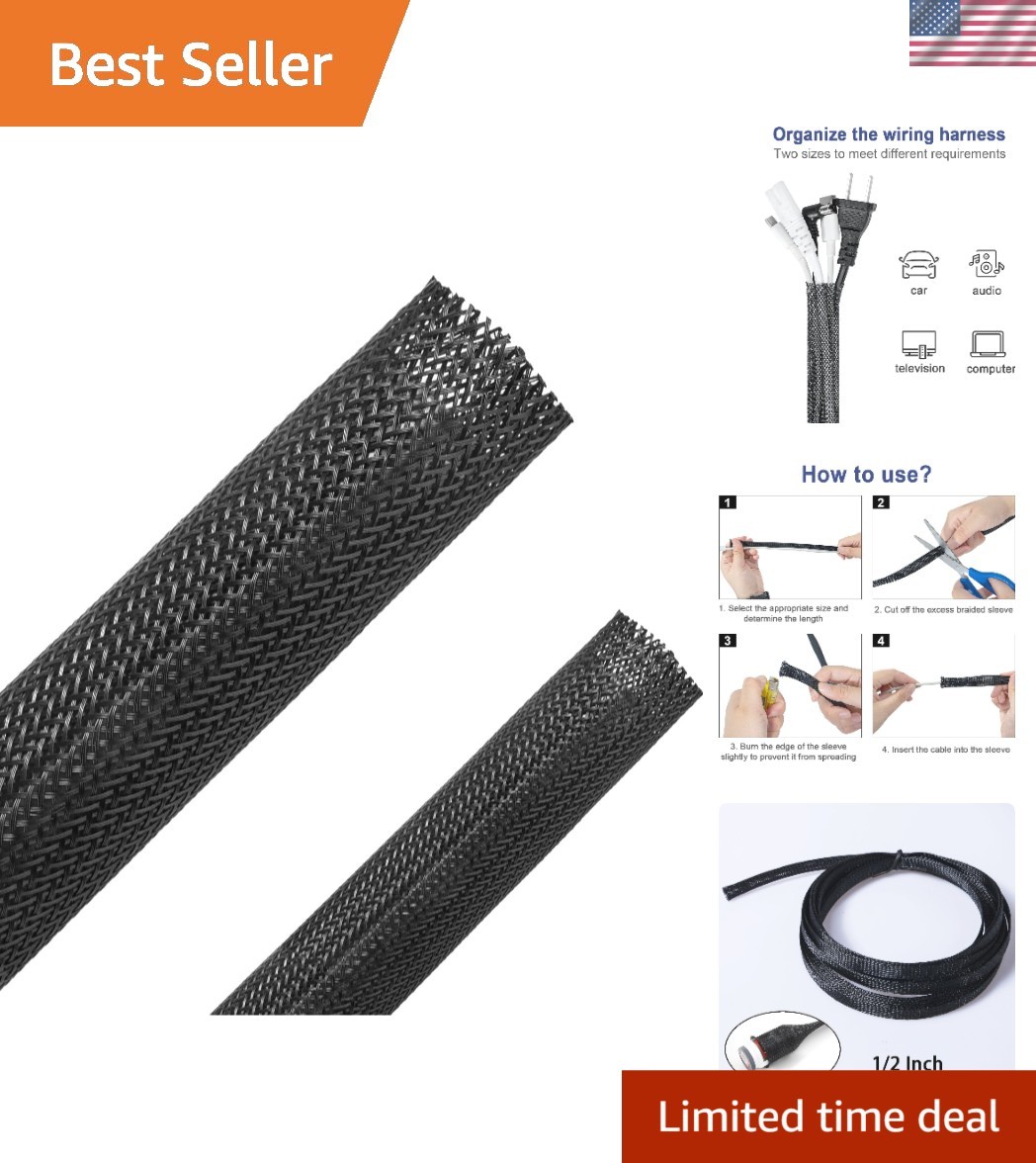 50ft Braided Cable Sleeve, 2 Pcs, Black, Flexible