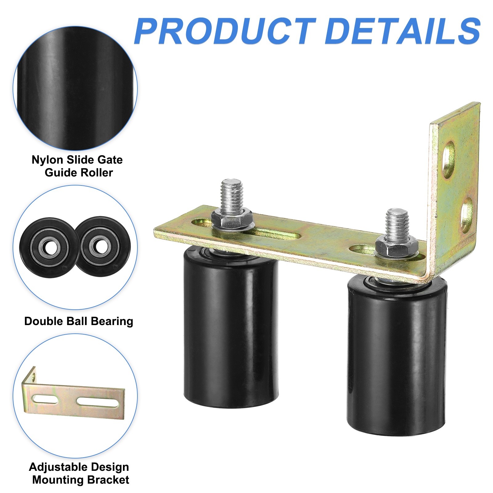 2Set Slide Gate Guide Roller, 2"x2-3/4" Nylon Gate Support & Bracket, Black