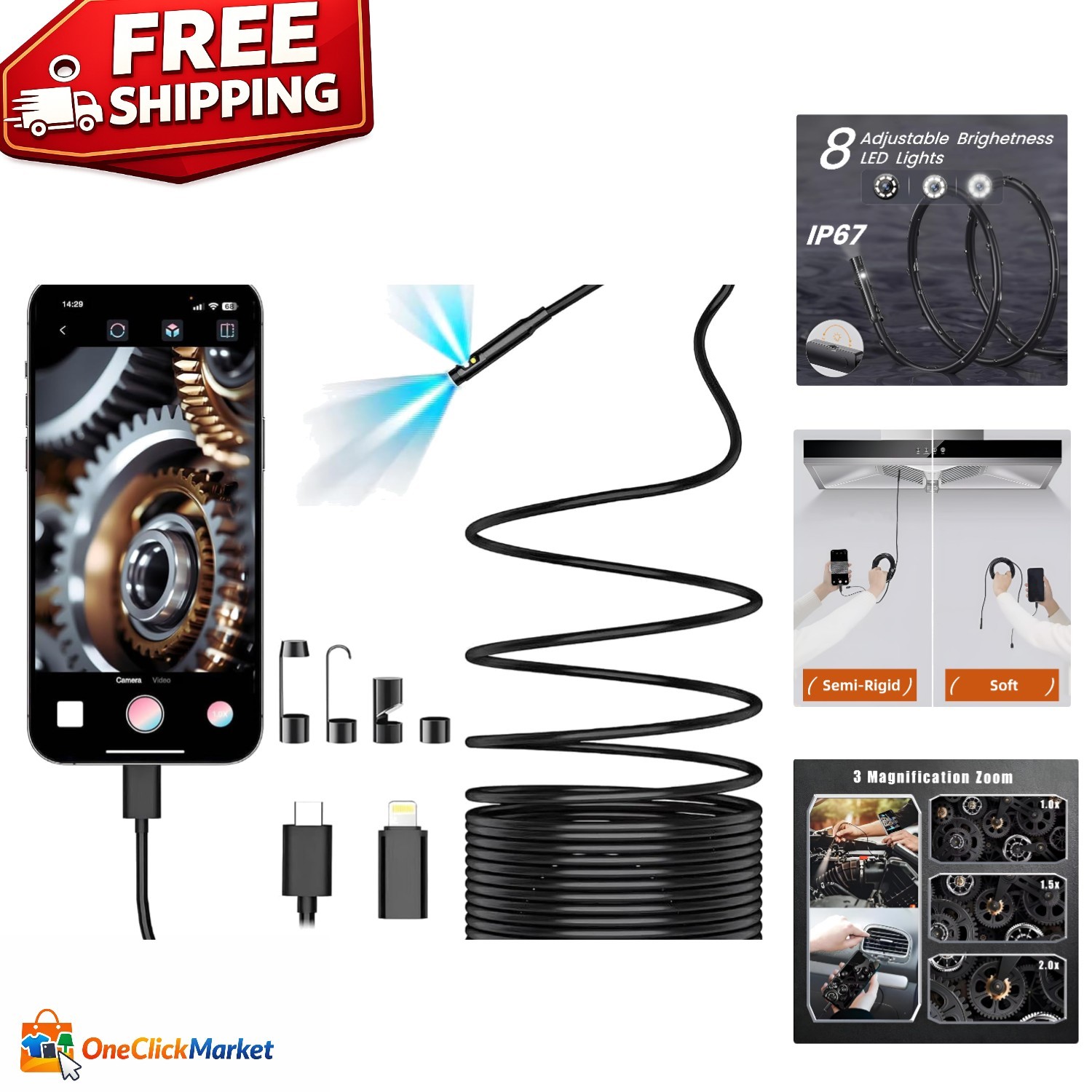 High-Def Dual-Lens Inspection Camera with Adjustable LEDs & Waterproof Design