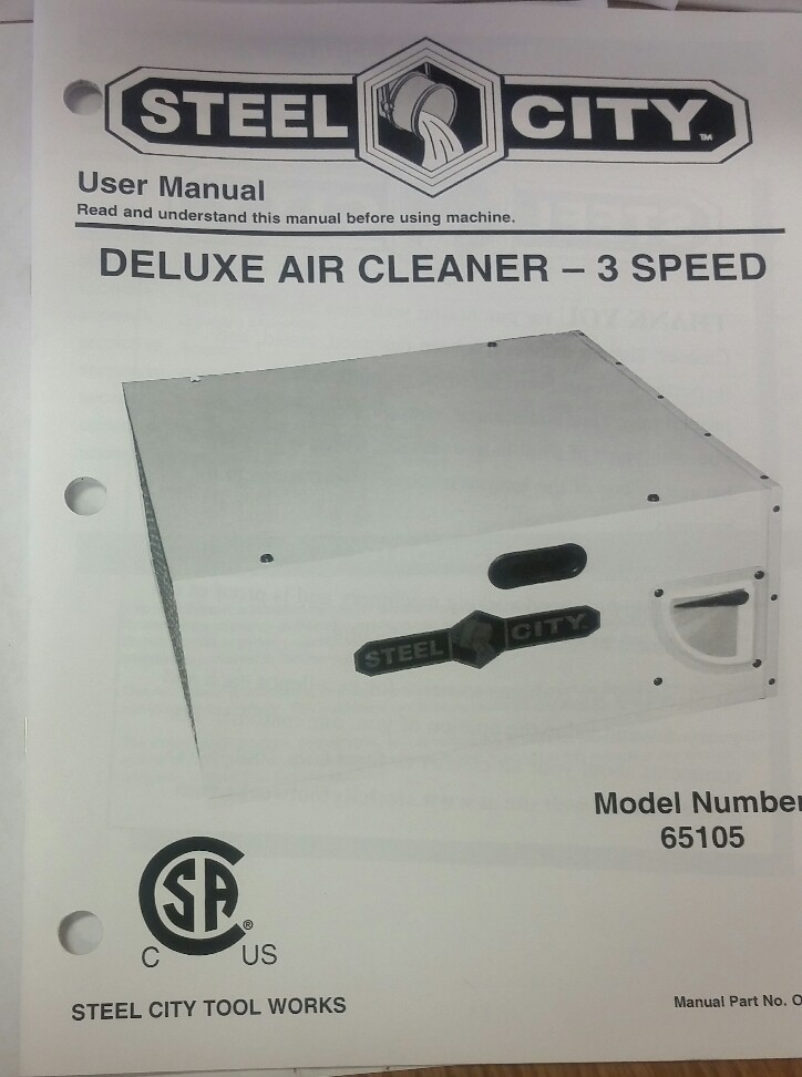 Steel City Tool User Owners Manual Book Deluxe Air Cleaner-3 Speed Model # 65105