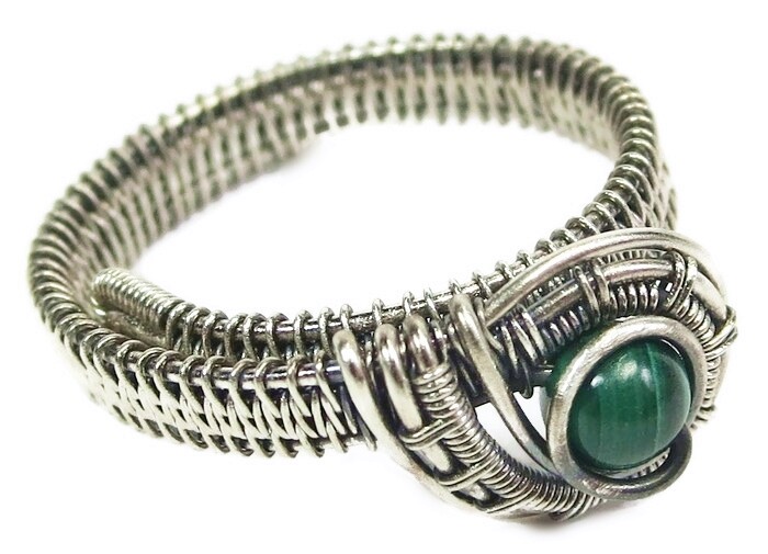 Malachite Adjustable Ring, Woven in Sterling Silver Wire
