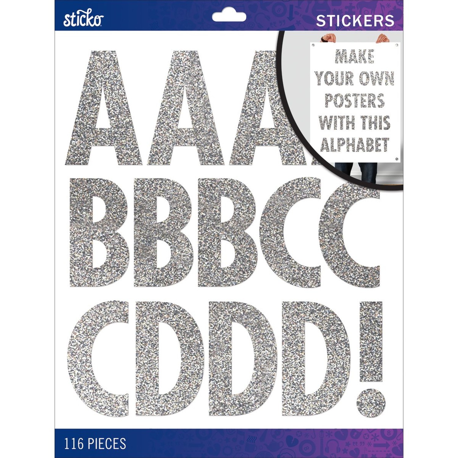 Sticko Alphabet Stickers, Regular X-Large, Silver Glitter Futura