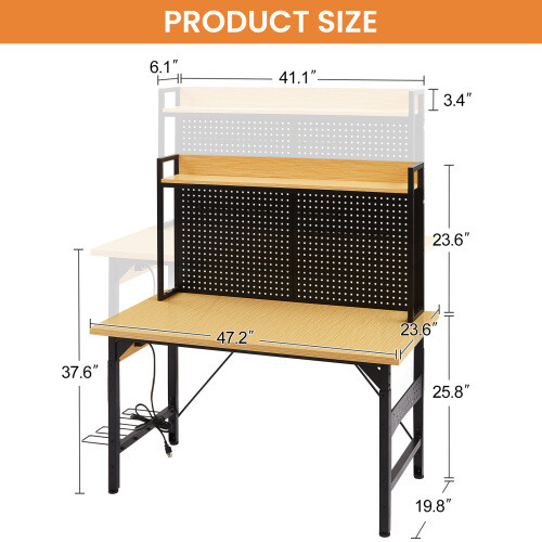 48"Heavy-Duty Adjustable Workbench w/Pegboard & Power Outlets Work Bench Rolling