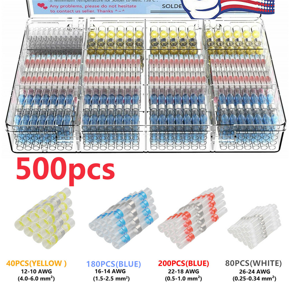 500Pcs Solder Seal Sleeve Heat Shrink Butt Wire Connectors Waterproof Terminals